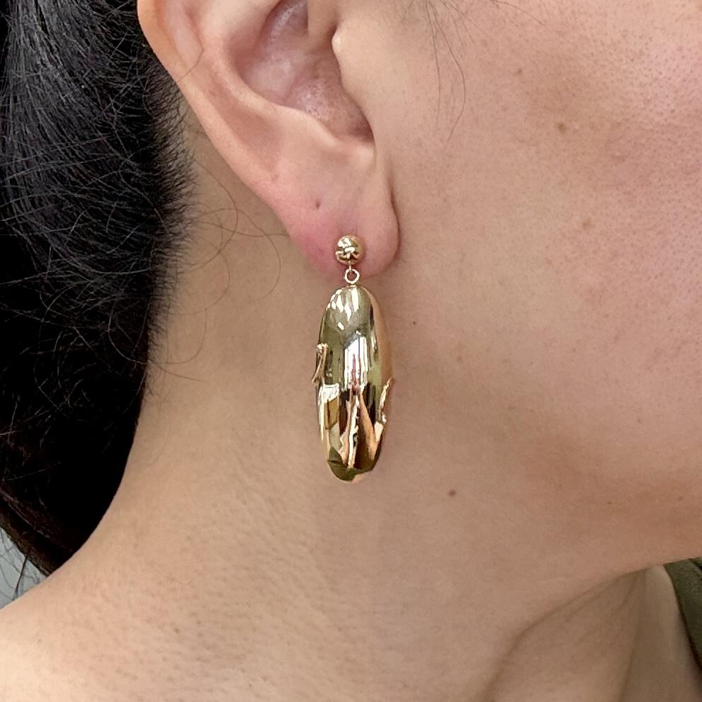 Vintage Long Oval Dangling Earrings 14k Yellow Gold