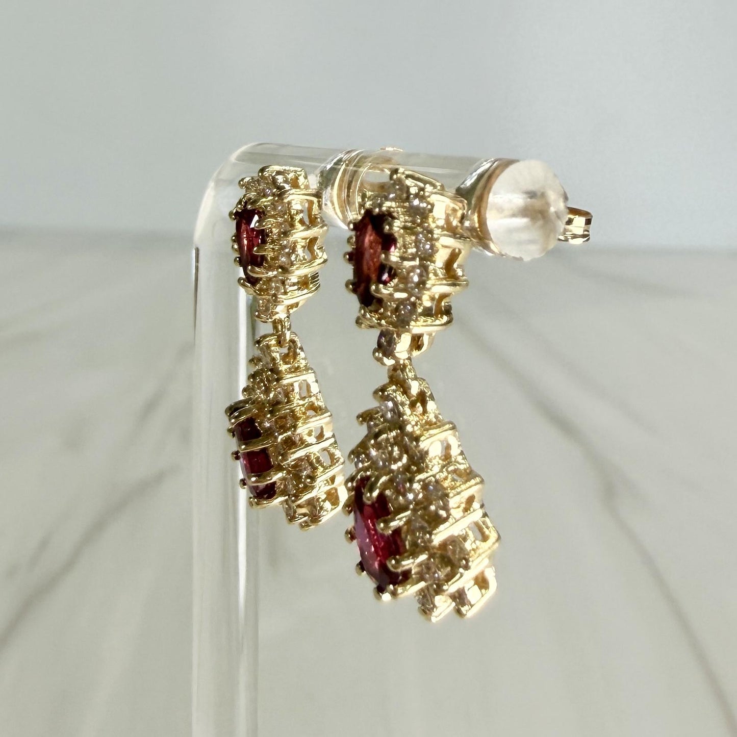 Vintage Ruby and Diamond Dangle Earrings 14k Yellow Gold