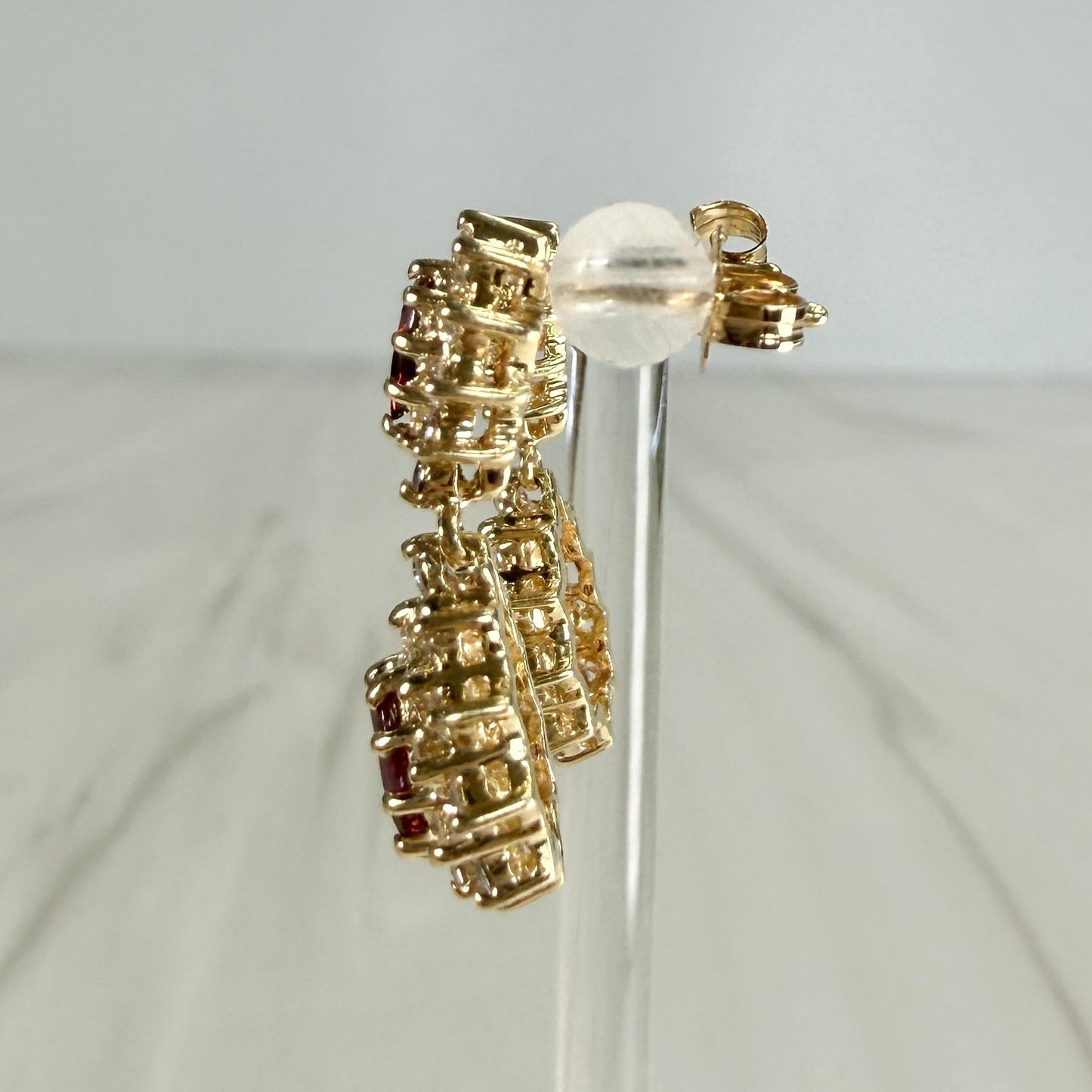 Vintage Ruby and Diamond Dangle Earrings 14k Yellow Gold