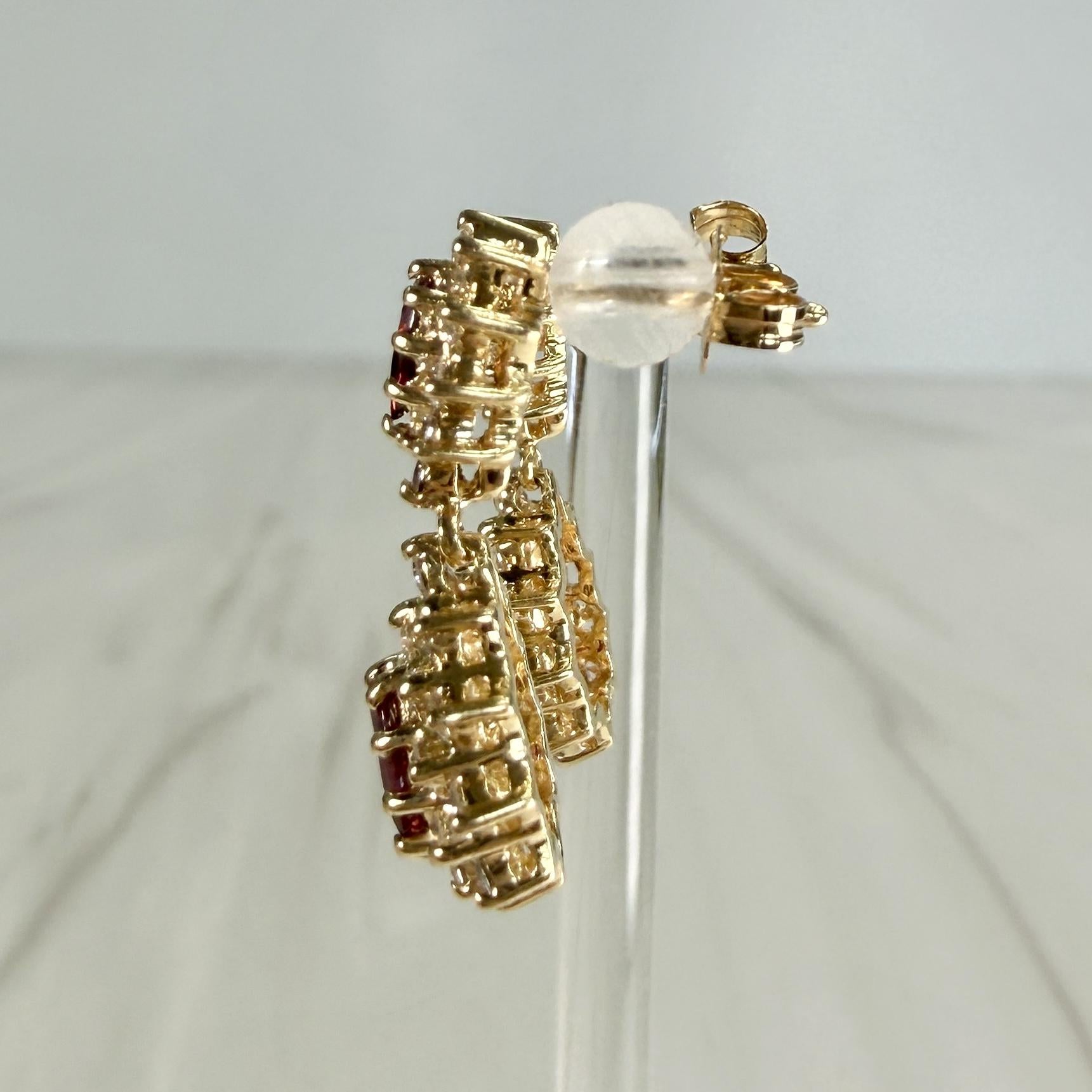 Vintage Ruby and Diamond Dangle Earrings 14k Yellow Gold