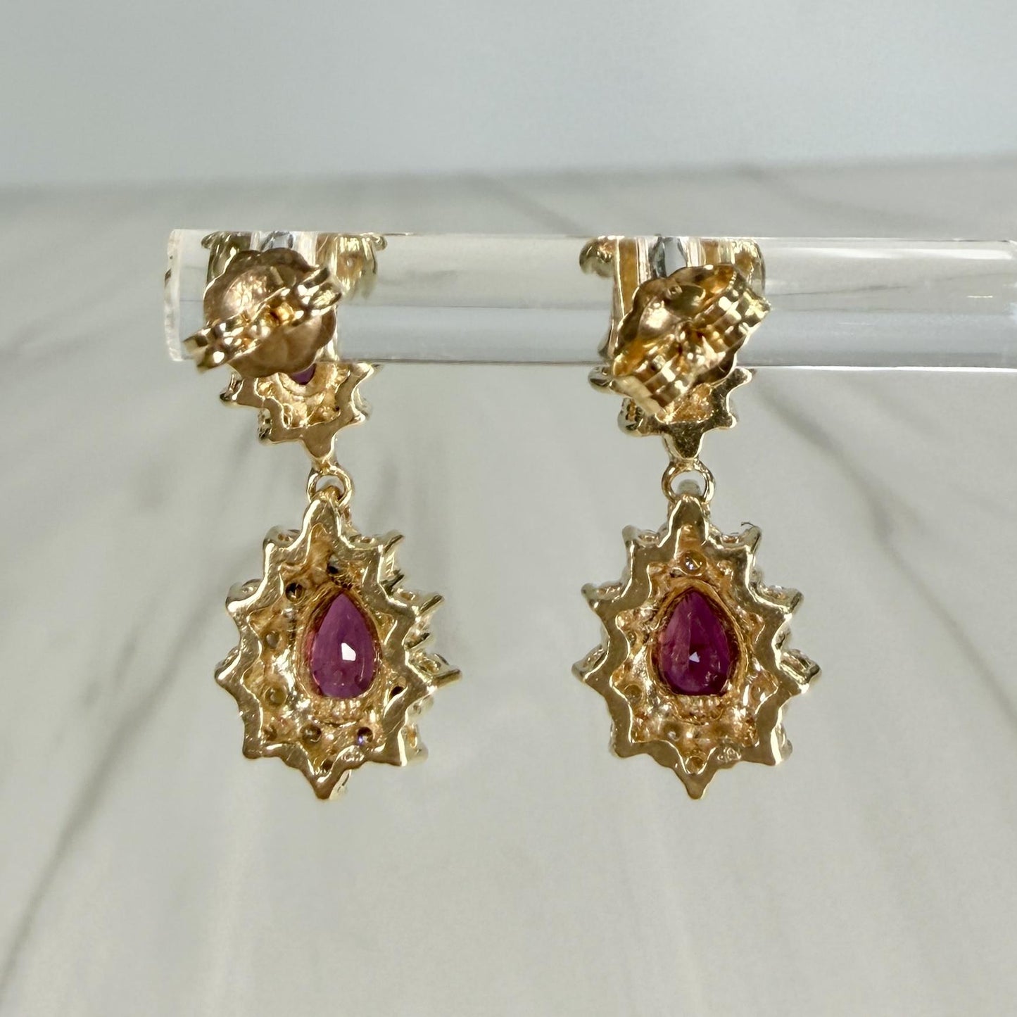 Vintage Ruby and Diamond Dangle Earrings 14k Yellow Gold