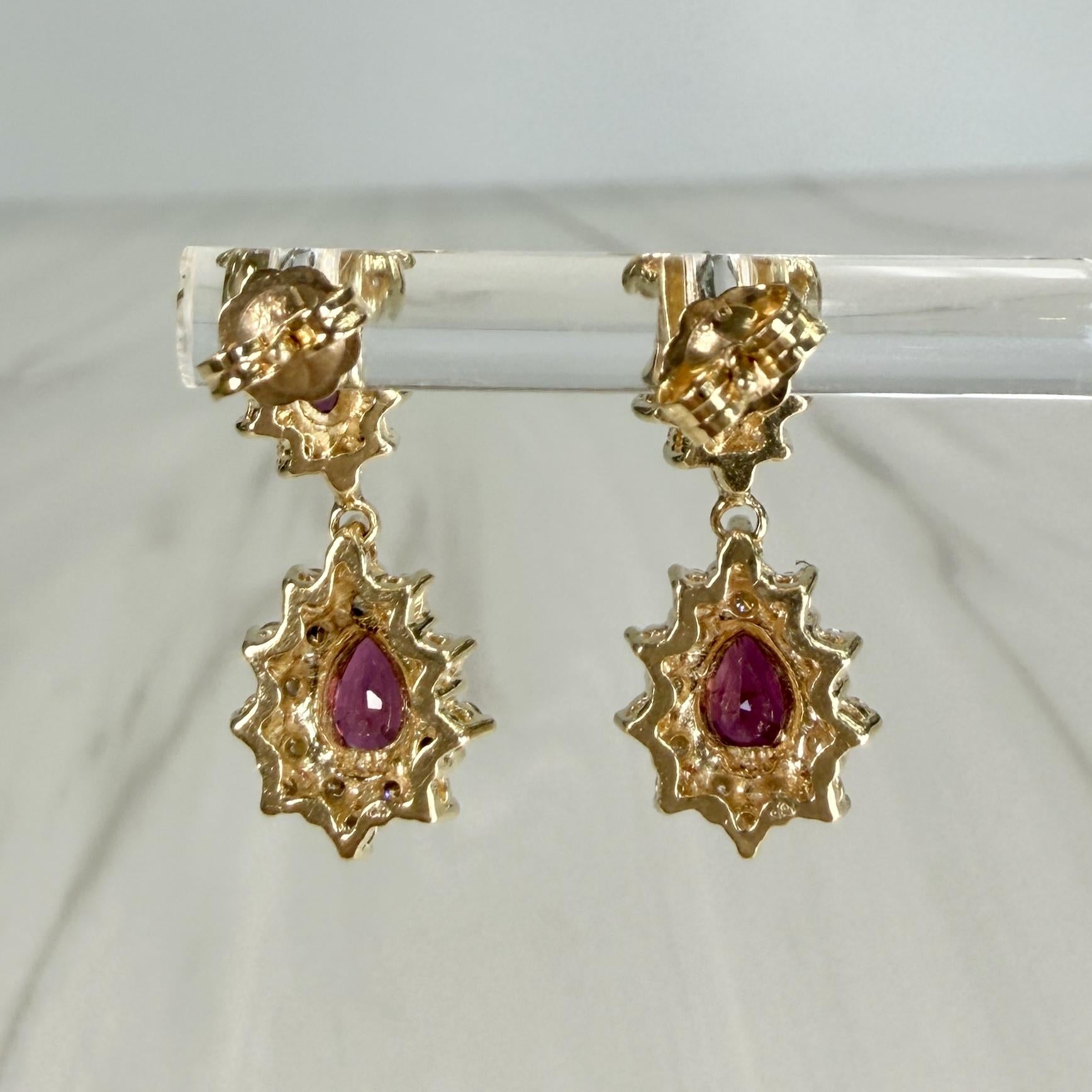 Vintage Ruby and Diamond Dangle Earrings 14k Yellow Gold