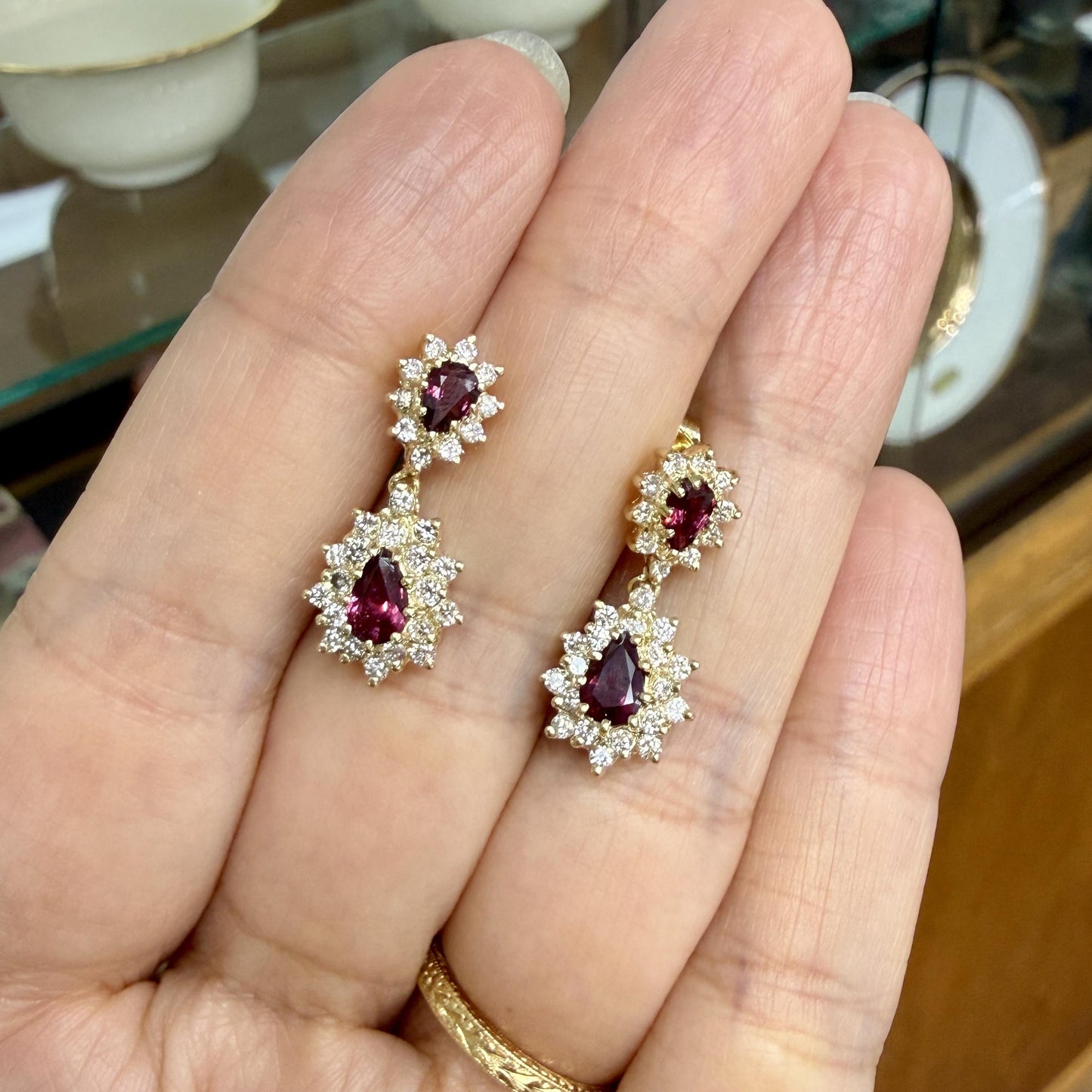 Vintage Ruby and Diamond Dangle Earrings 14k Yellow Gold