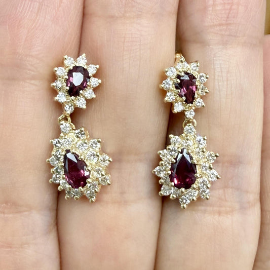 Vintage Ruby and Diamond Dangle Earrings 14k Yellow Gold