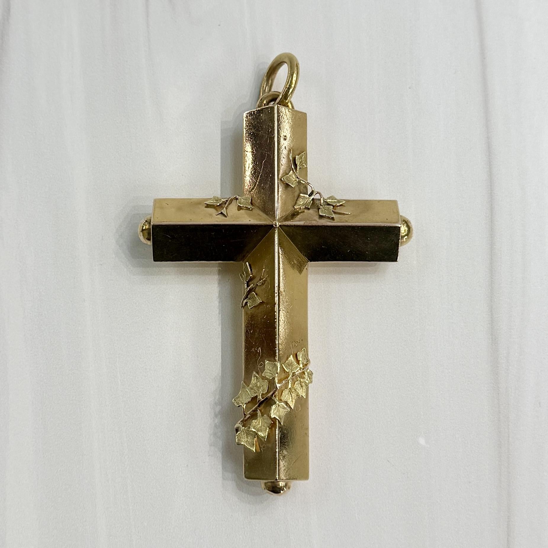 Large Antique Victorian Cross Pendant with Ivy Leaves 15k Yellow Gold