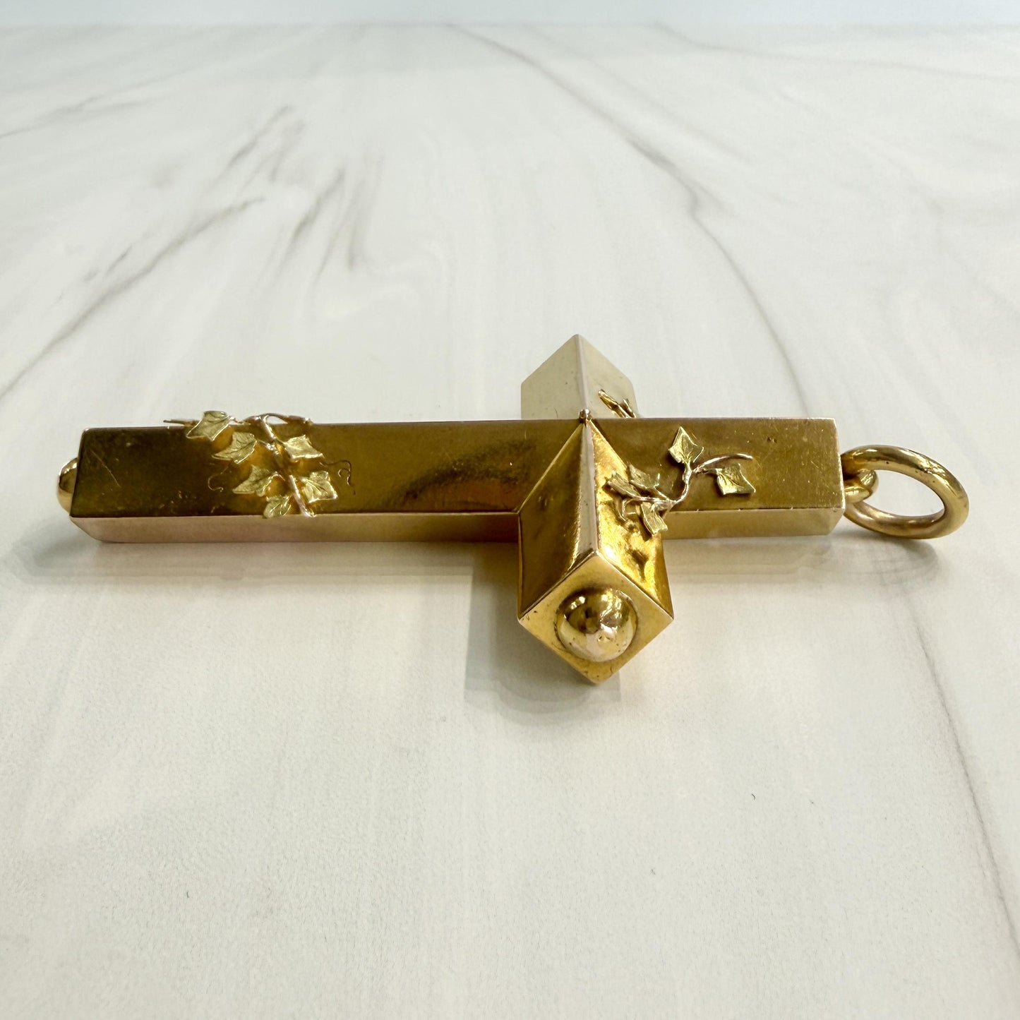 Large Antique Victorian Cross Pendant with Ivy Leaves 15k Yellow Gold