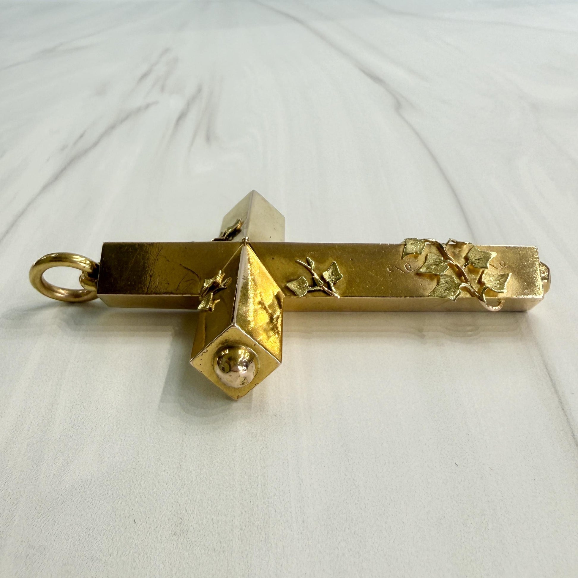 Large Antique Victorian Cross Pendant with Ivy Leaves 15k Yellow Gold