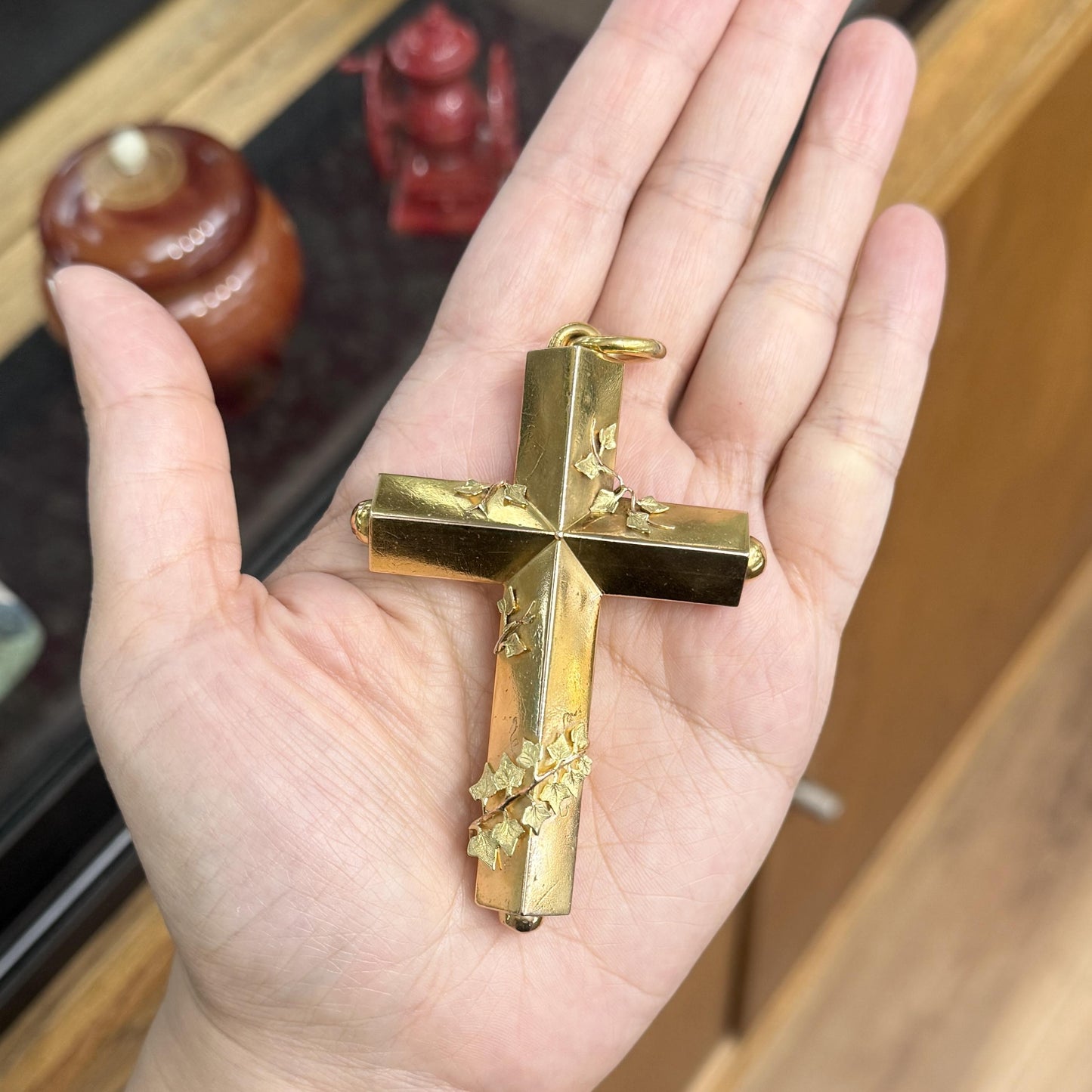 Large Antique Victorian Cross Pendant with Ivy Leaves 15k Yellow Gold