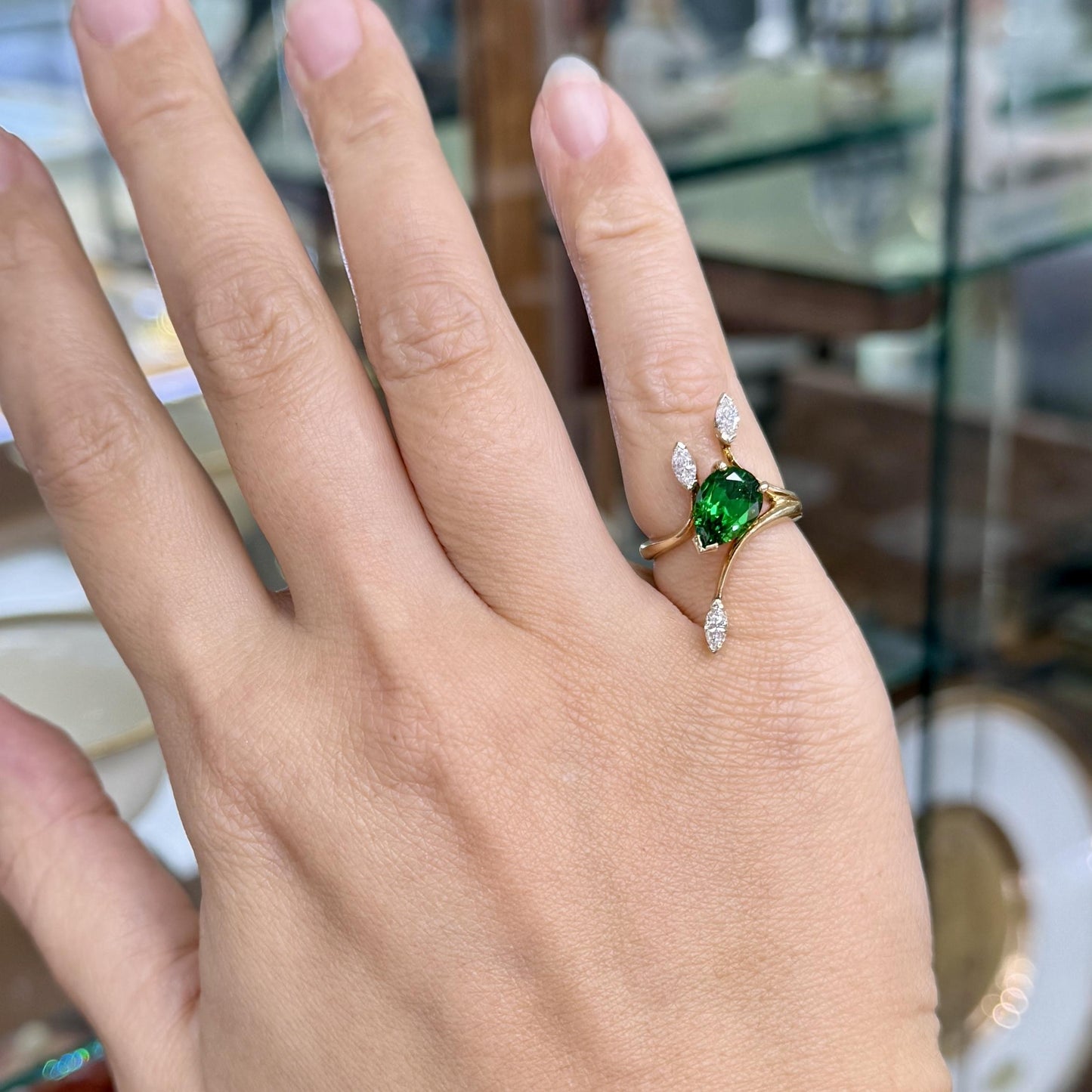Vintage Tsavorite and Marquise Diamond Ring 14k Yellow Gold