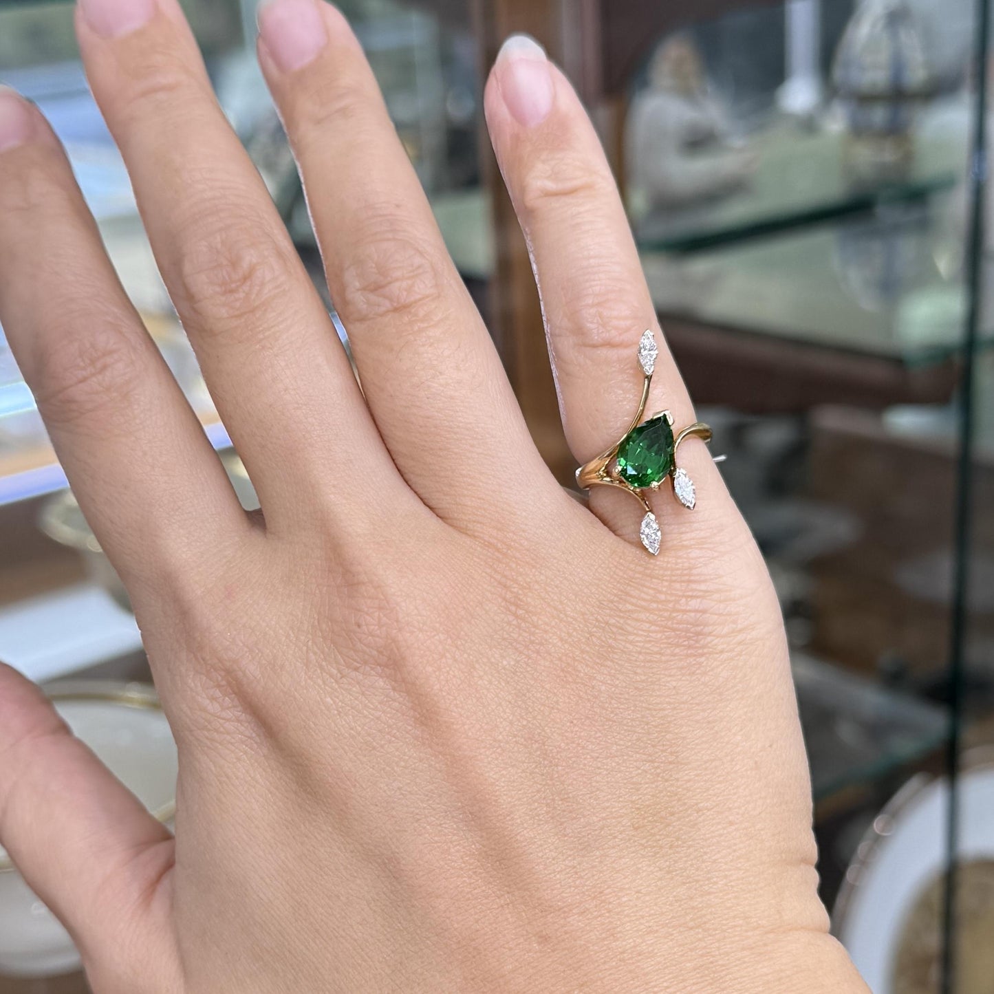 Vintage Tsavorite and Marquise Diamond Ring 14k Yellow Gold