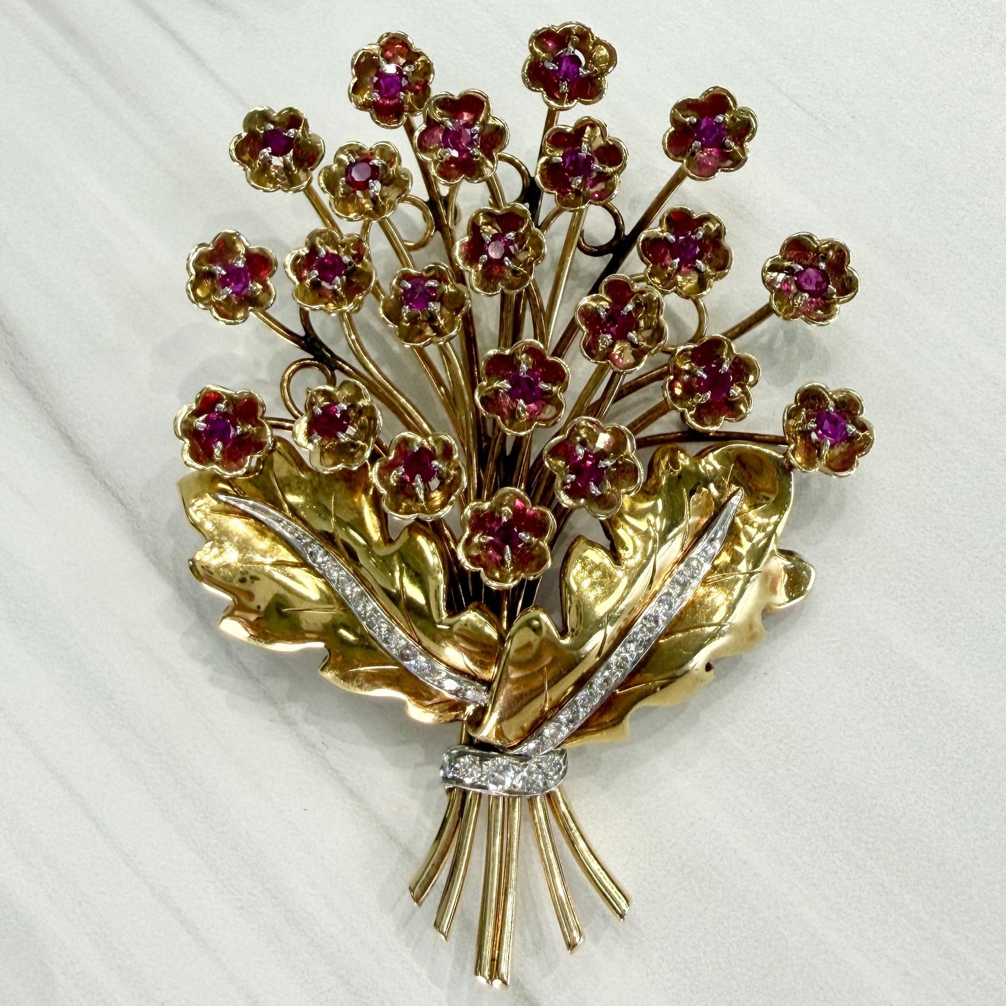 Vintage 1940's Retro Ruby and Diamond Large Flower Brooch Pin 14k/18k Gold