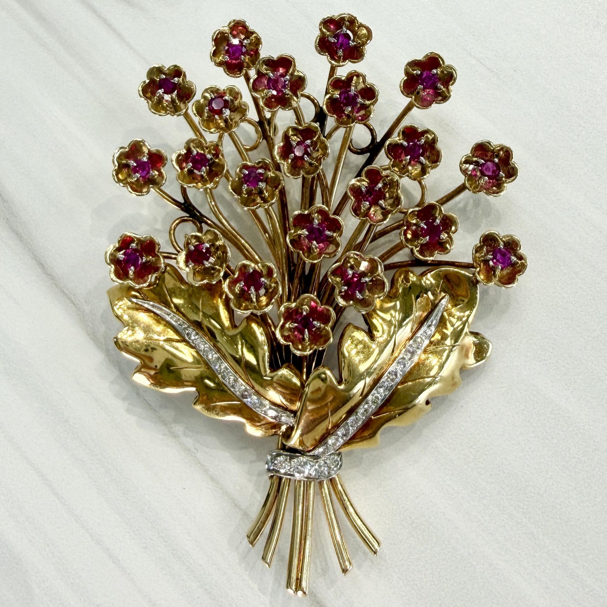 Vintage 1940's Retro Ruby and Diamond Large Flower Brooch Pin 14k/18k Gold