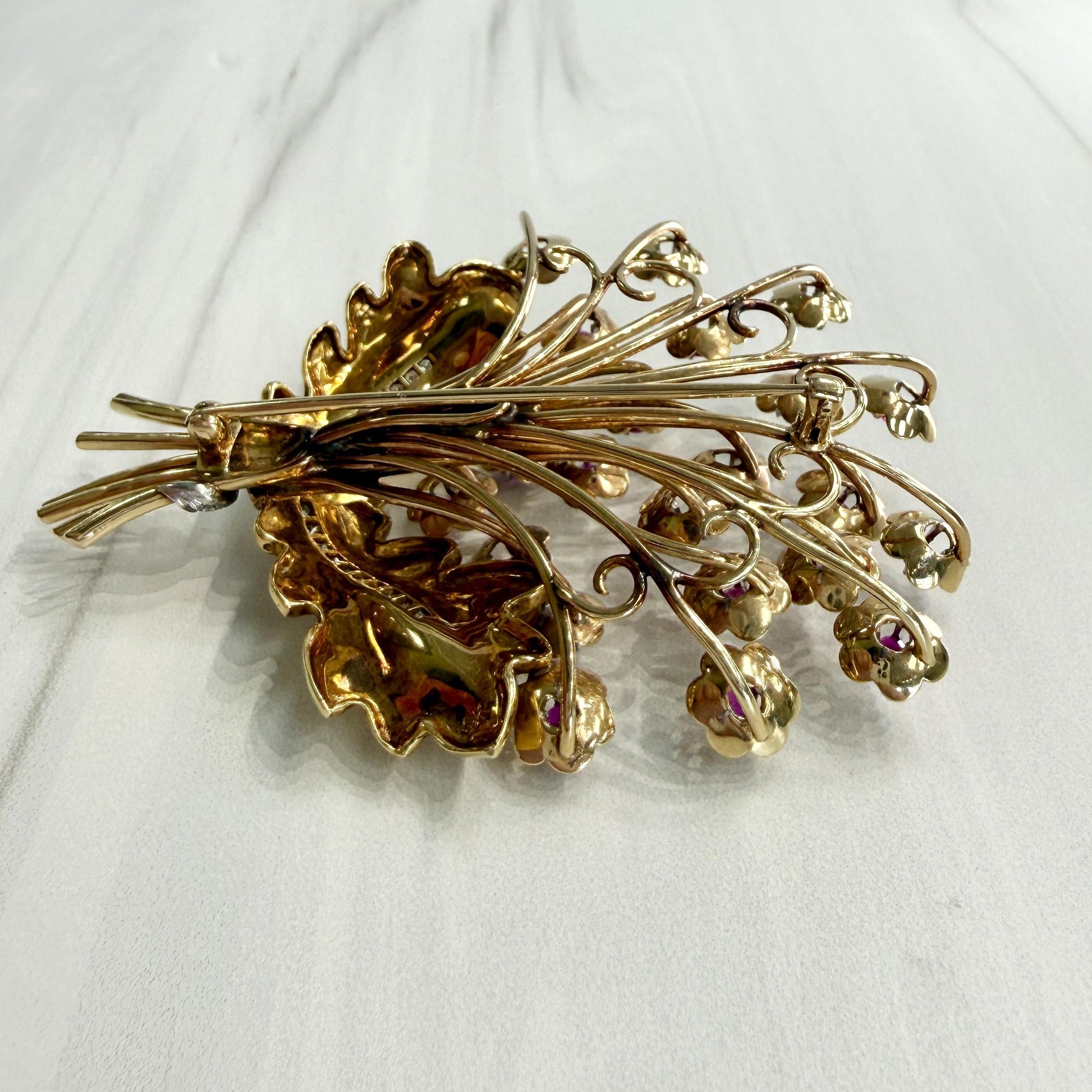 Vintage 1940's Retro Ruby and Diamond Large Flower Brooch Pin 14k/18k Gold