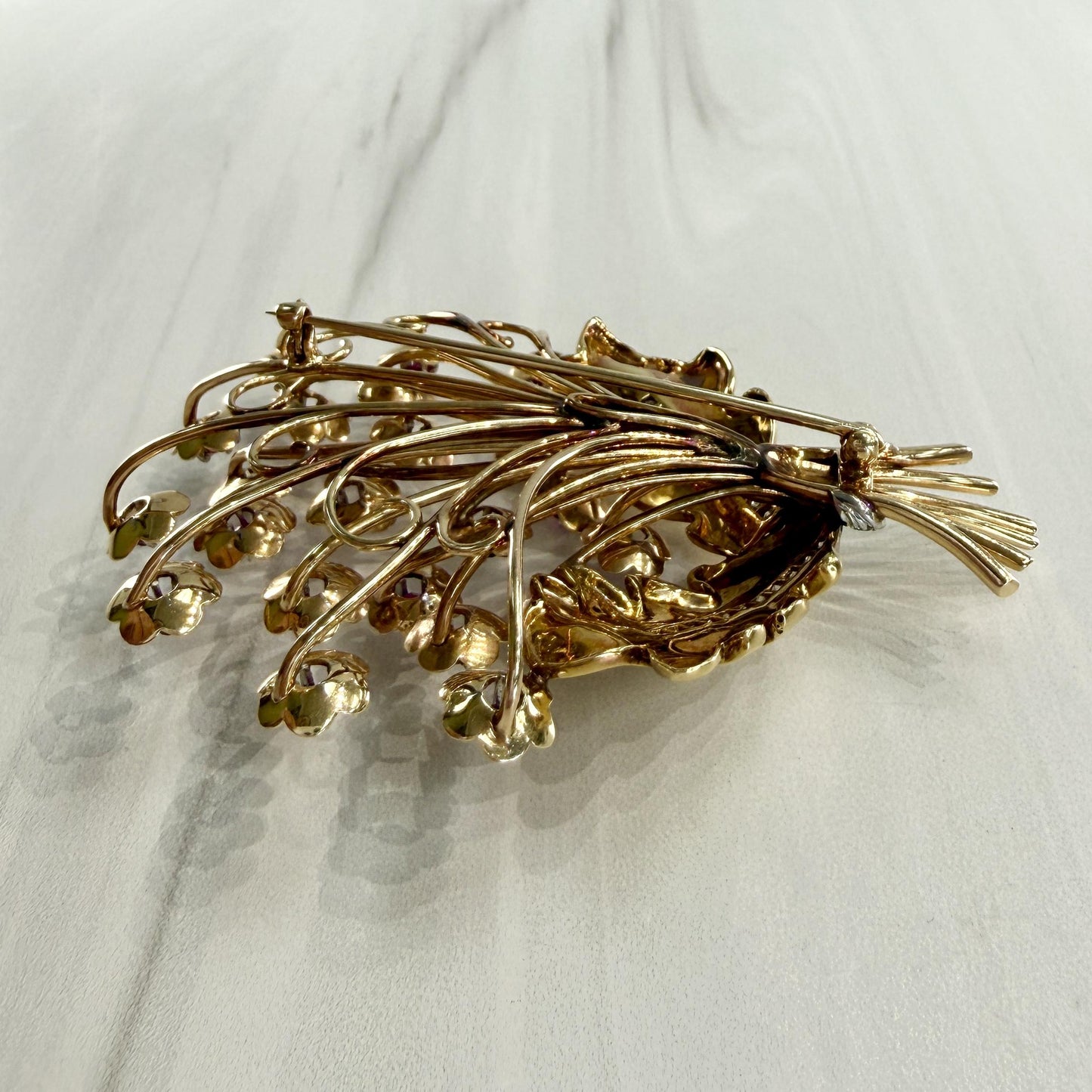 Vintage 1940's Retro Ruby and Diamond Large Flower Brooch Pin 14k/18k Gold