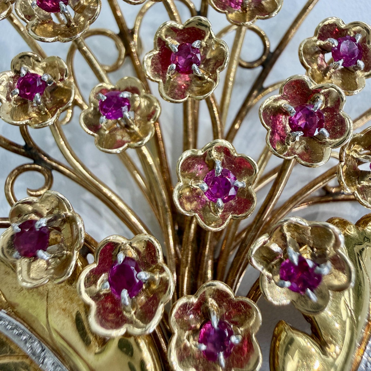 Vintage 1940's Retro Ruby and Diamond Large Flower Brooch Pin 14k/18k Gold