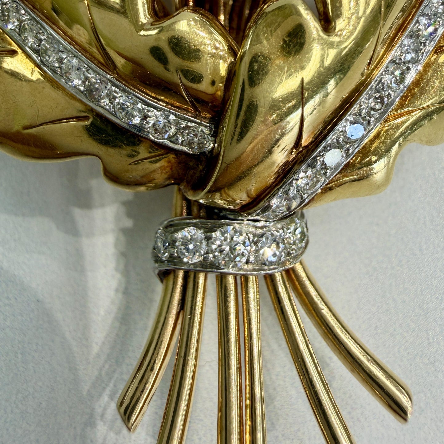 Vintage 1940's Retro Ruby and Diamond Large Flower Brooch Pin 14k/18k Gold