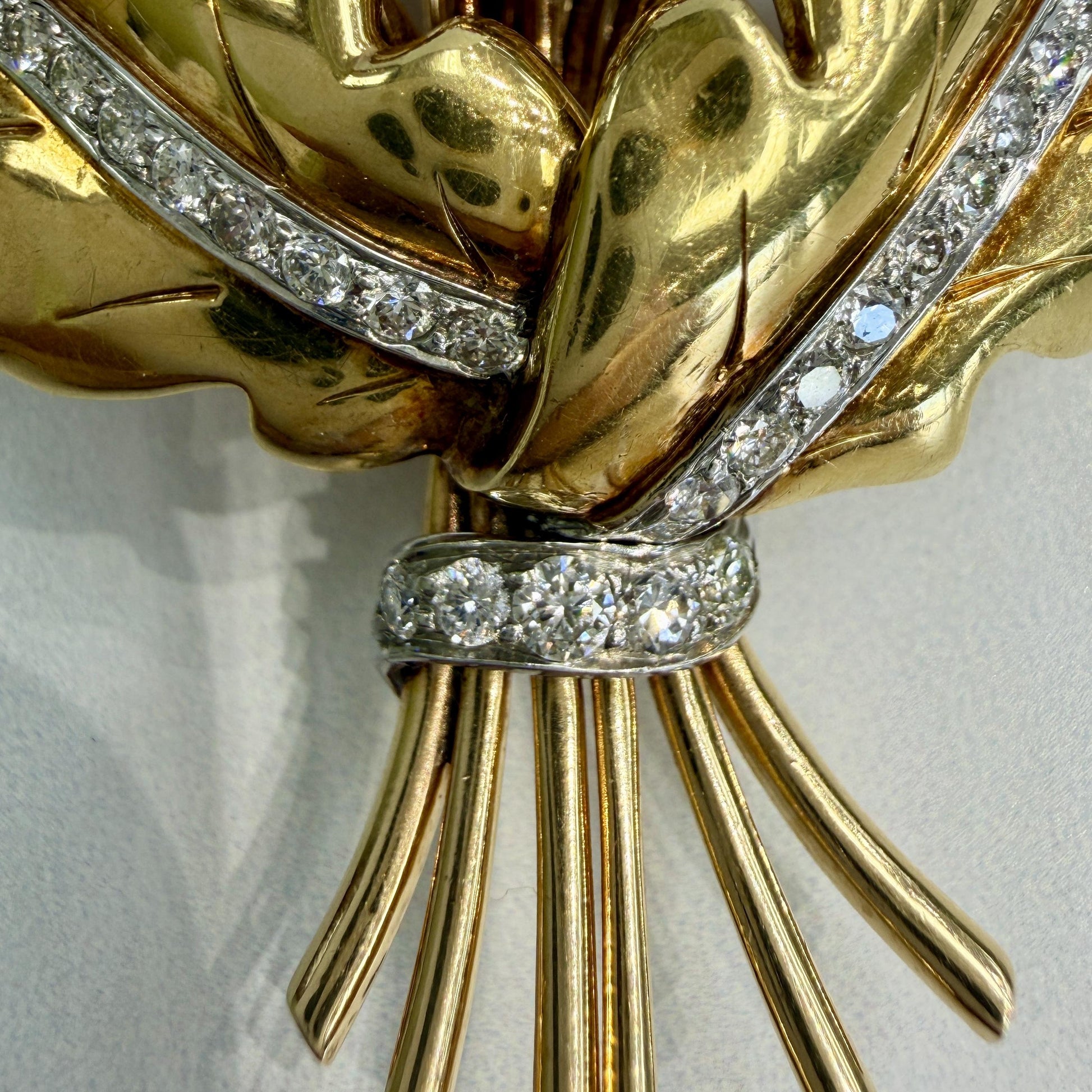 Vintage 1940's Retro Ruby and Diamond Large Flower Brooch Pin 14k/18k Gold