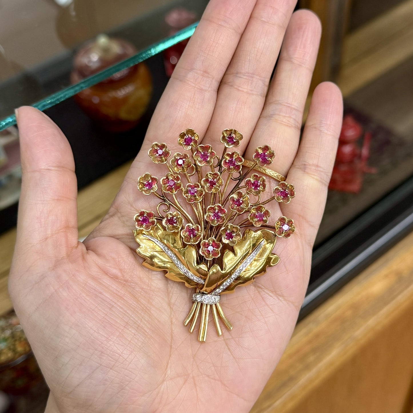 Vintage 1940's Retro Ruby and Diamond Large Flower Brooch Pin 14k/18k Gold