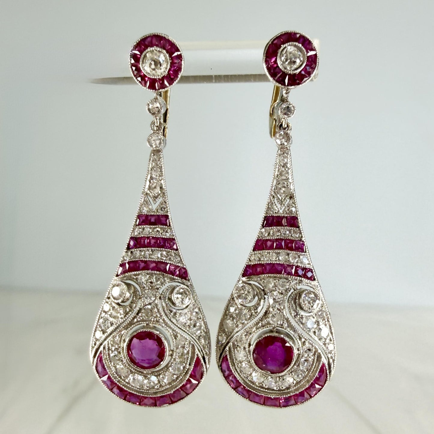 Estate Ruby and Old Cut Diamond Dangle Earrings Platinum/14k Gold