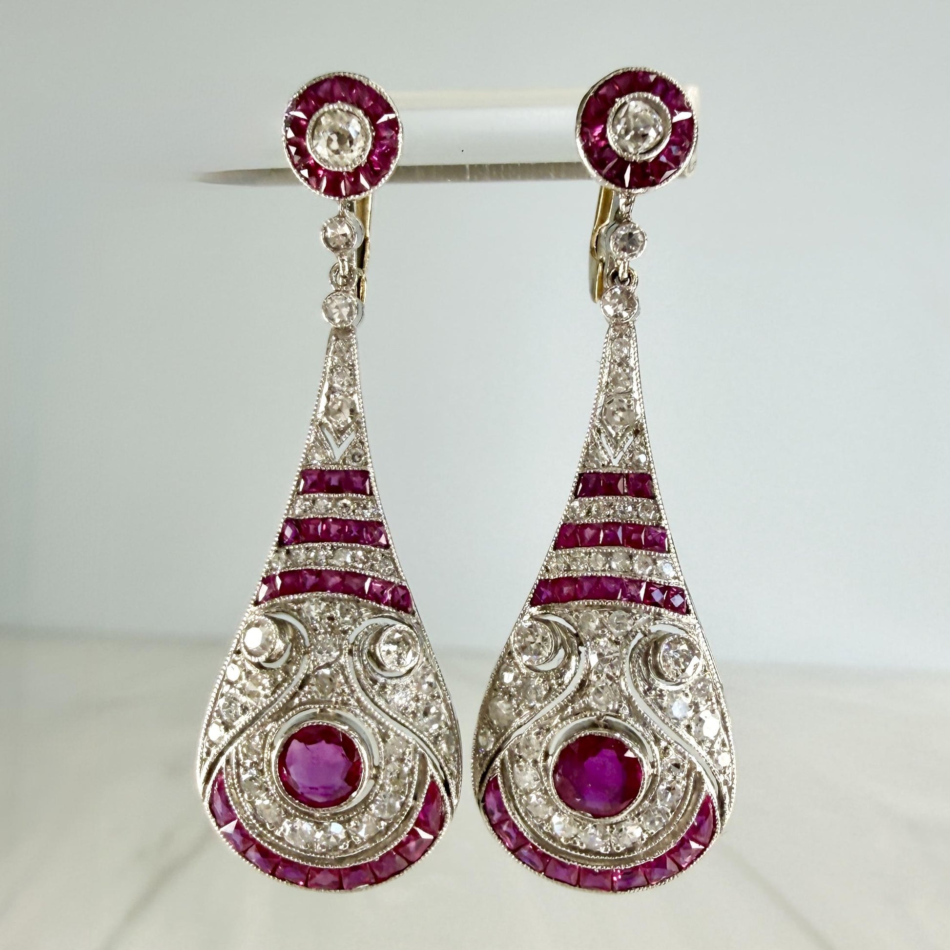 Estate Ruby and Old Cut Diamond Dangle Earrings Platinum/14k Gold