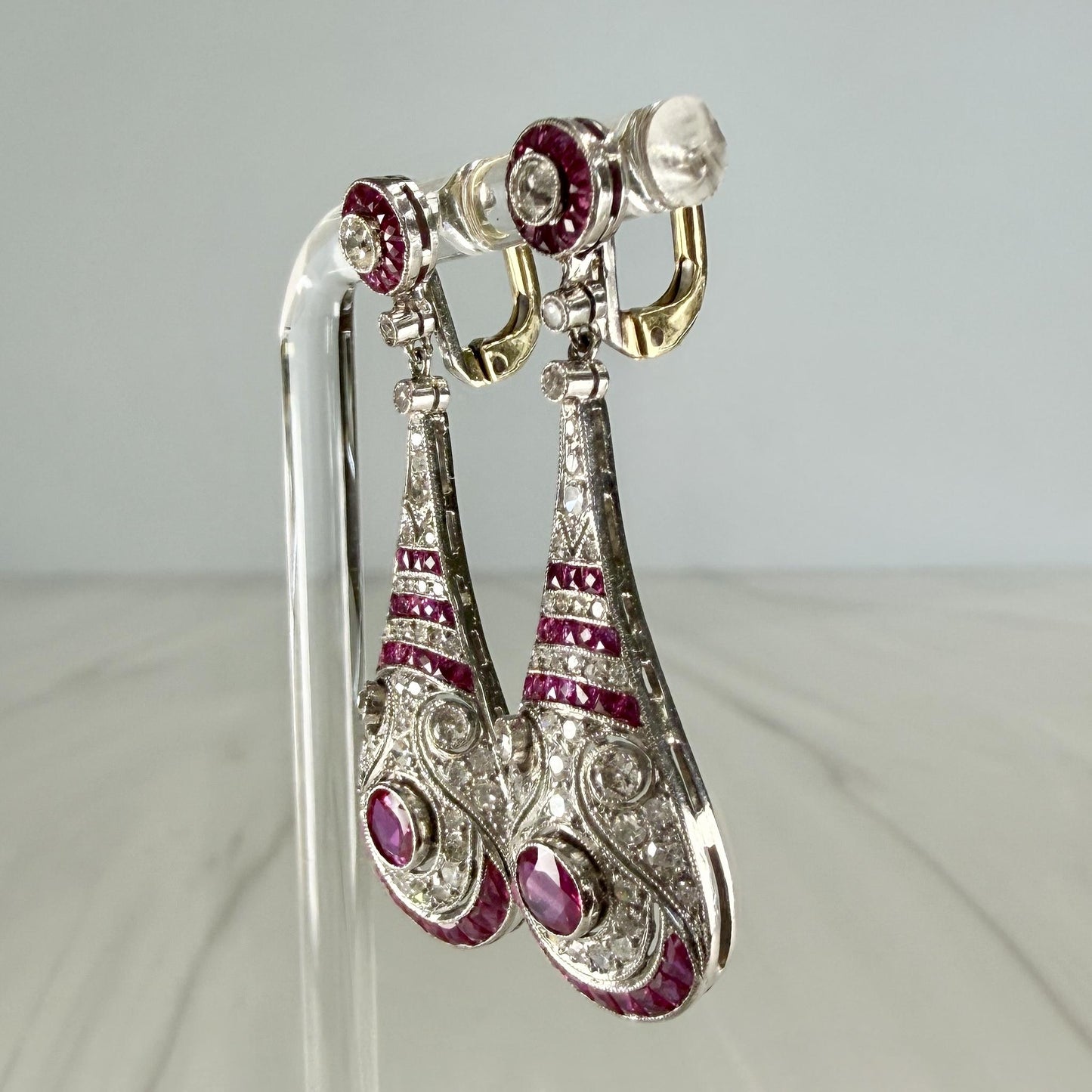 Estate Ruby and Old Cut Diamond Dangle Earrings Platinum/14k Gold