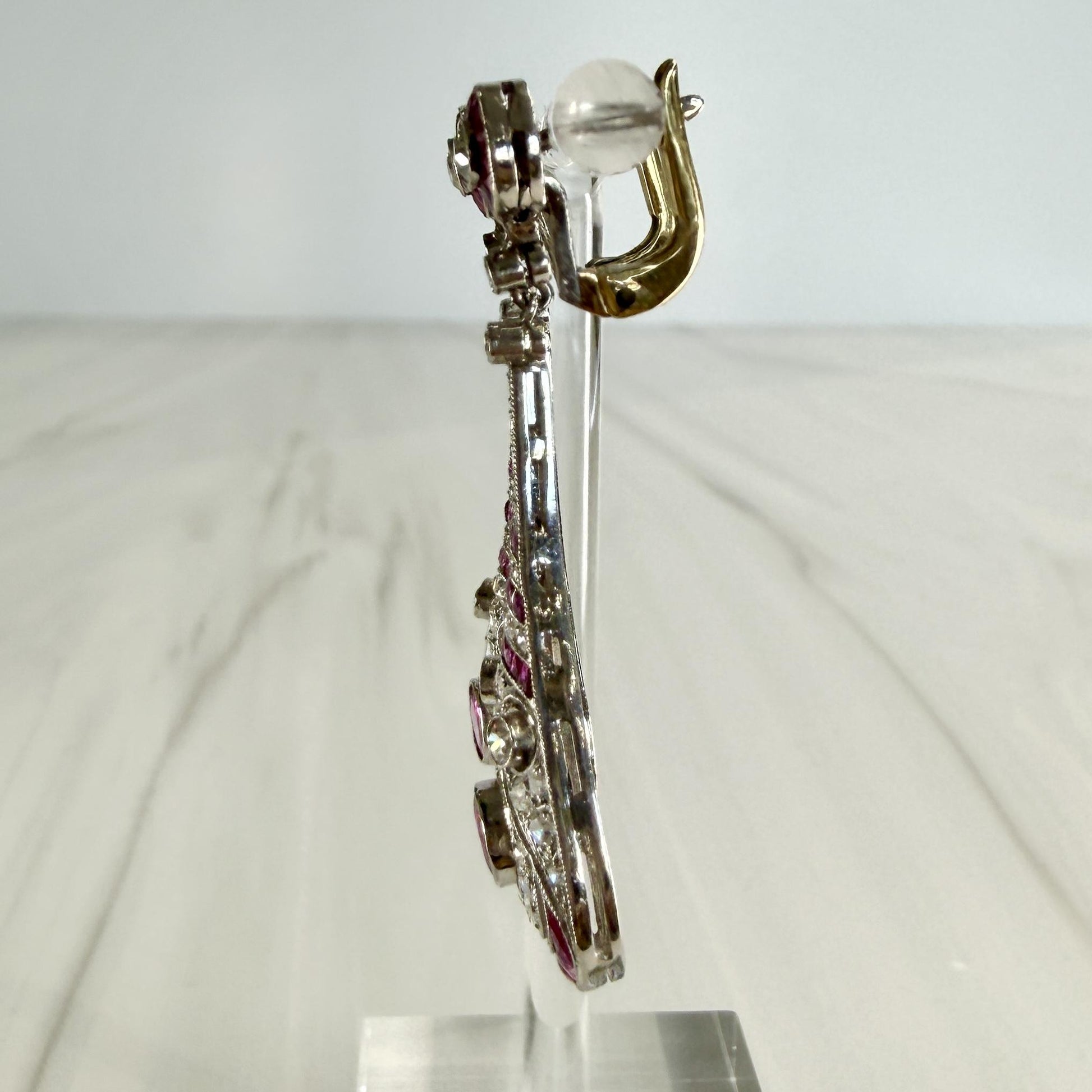Estate Ruby and Old Cut Diamond Dangle Earrings Platinum/14k Gold