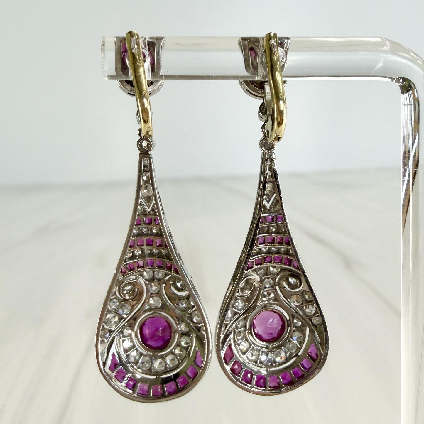 Estate Ruby and Old Cut Diamond Dangle Earrings Platinum/14k Gold