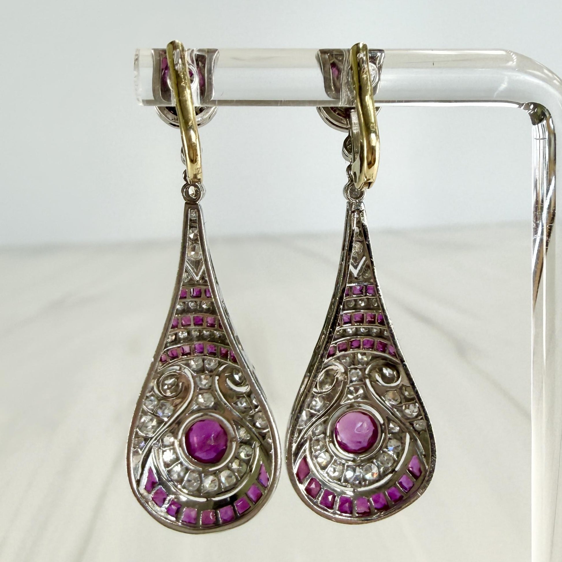 Estate Ruby and Old Cut Diamond Dangle Earrings Platinum/14k Gold
