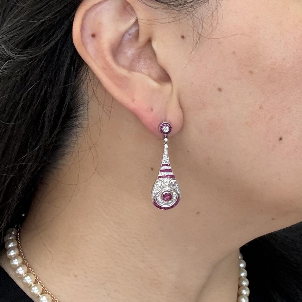 Estate Ruby and Old Cut Diamond Dangle Earrings Platinum/14k Gold