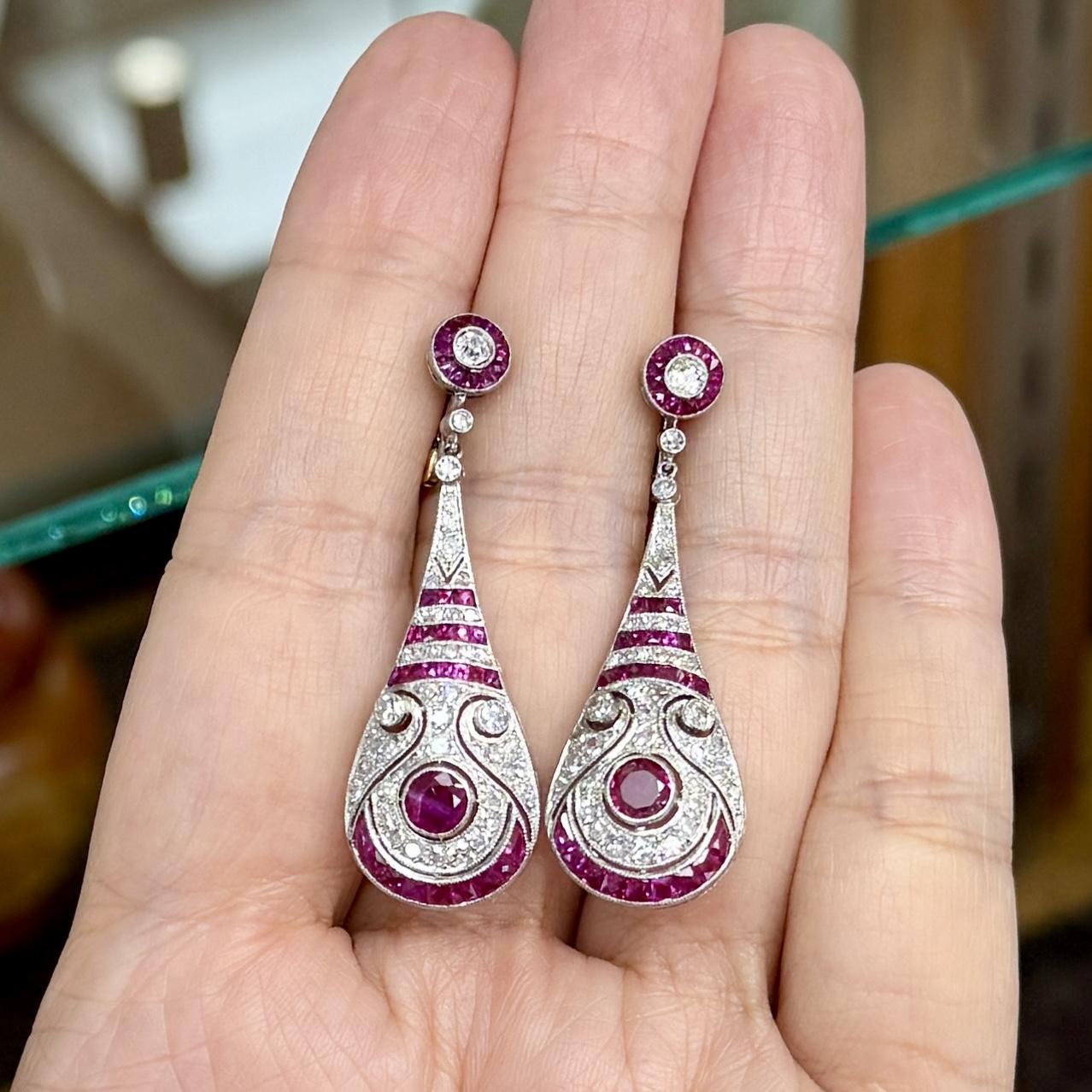 Estate Ruby and Old Cut Diamond Dangle Earrings Platinum/14k Gold