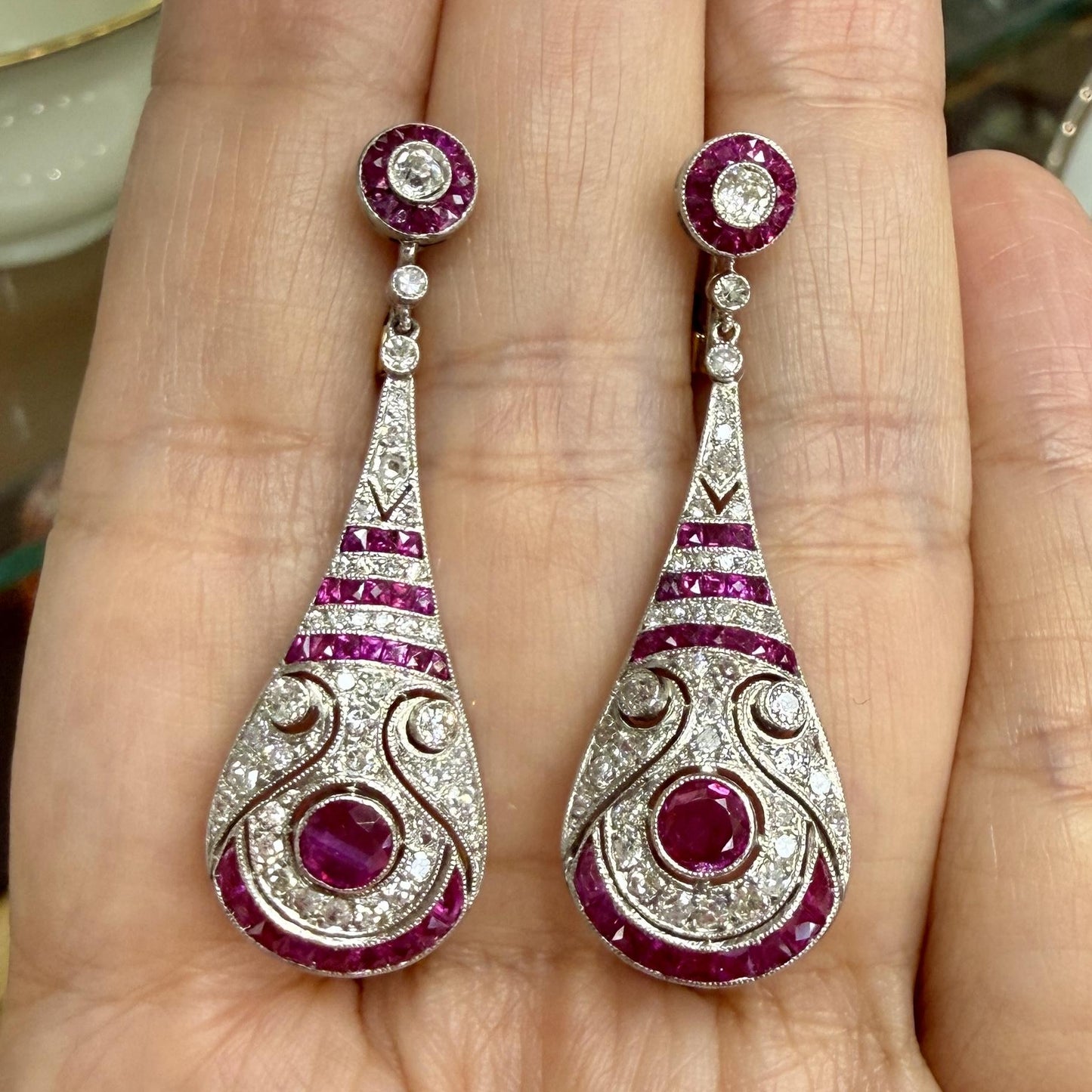 Estate Ruby and Old Cut Diamond Dangle Earrings Platinum/14k Gold