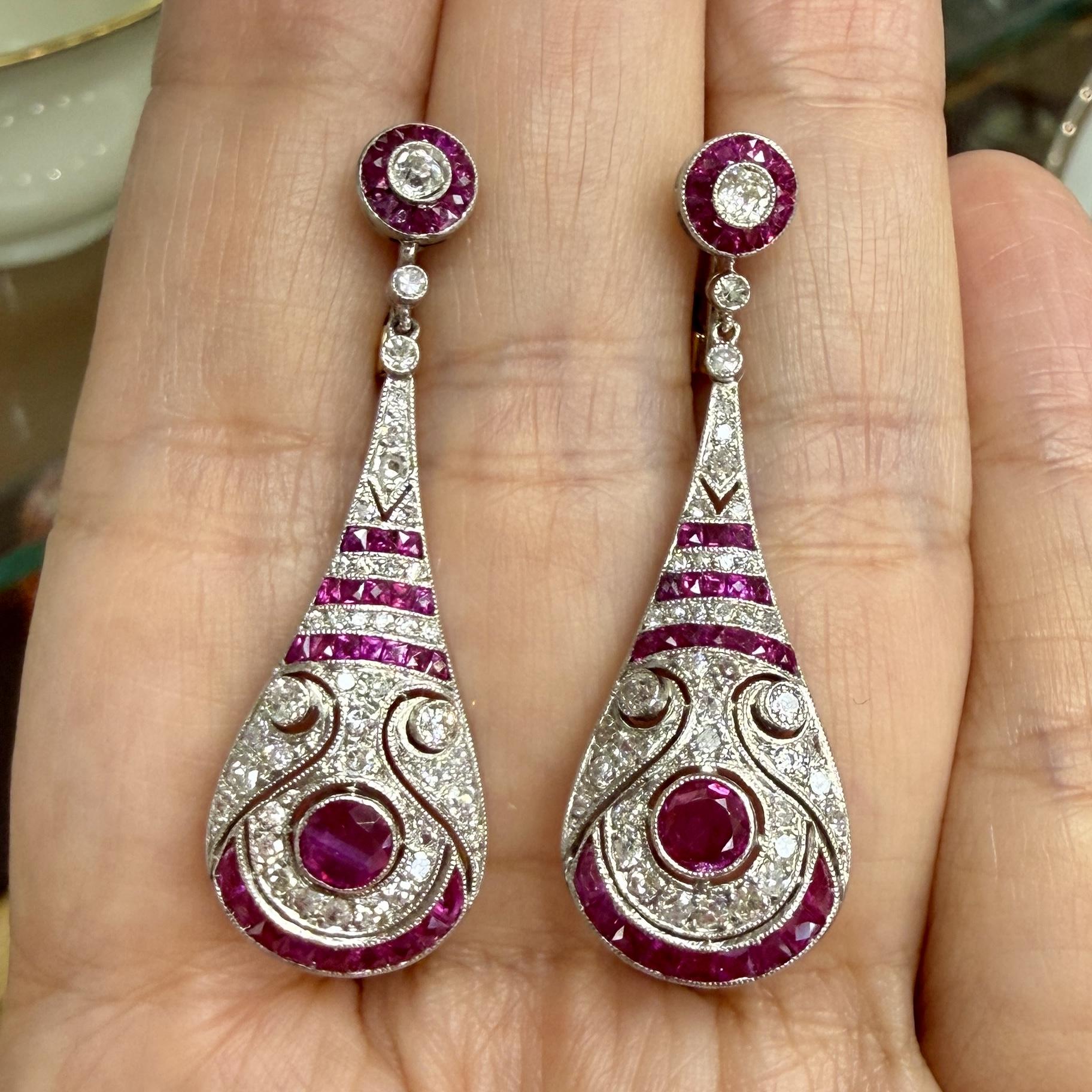 Estate Ruby and Old Cut Diamond Dangle Earrings Platinum/14k Gold