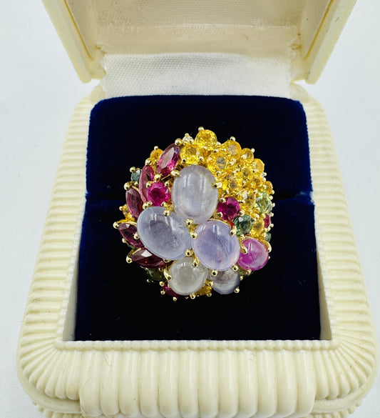 Star Sapphires and Multi-Colored Sapphire Ruby diamond yellow gold cocktail ring