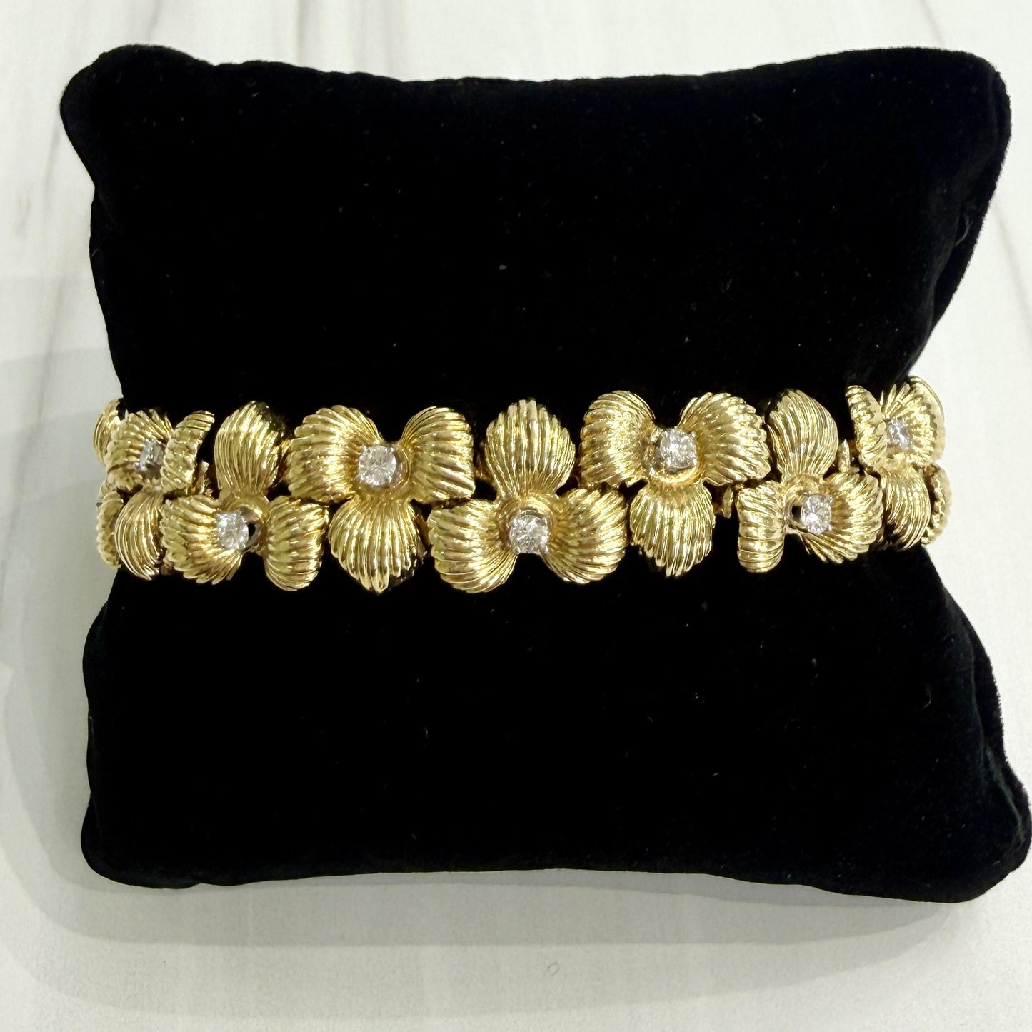 Vintage 1970's Flower Diamond Bracelet 18k Yellow Gold