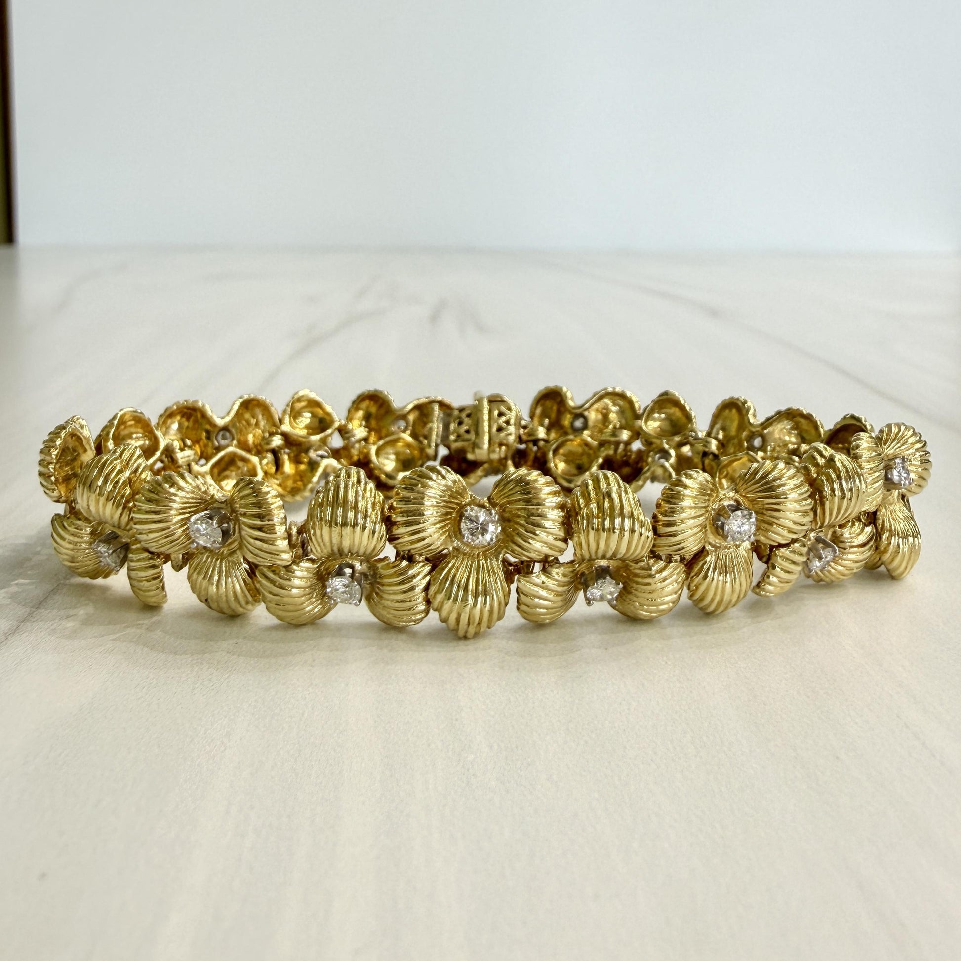 Vintage 1970's Flower Diamond Bracelet 18k Yellow Gold
