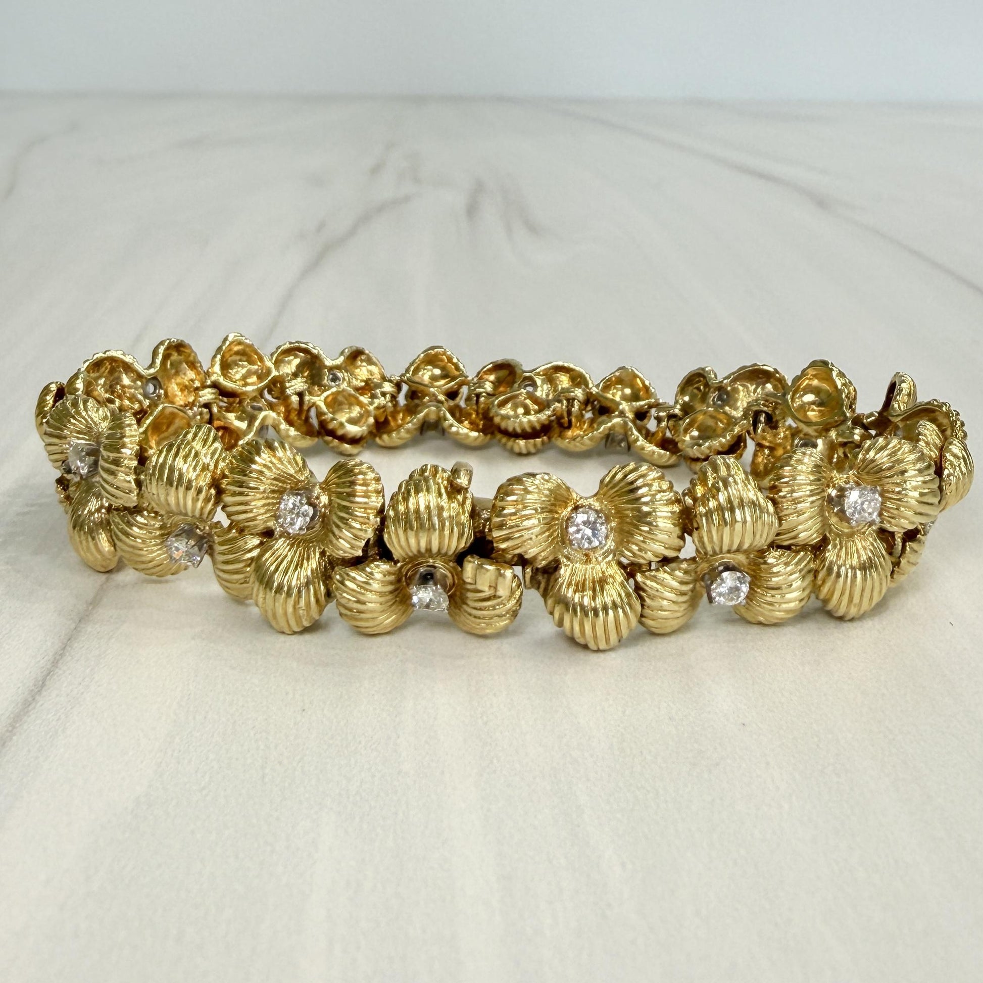 Vintage 1970's Flower Diamond Bracelet 18k Yellow Gold