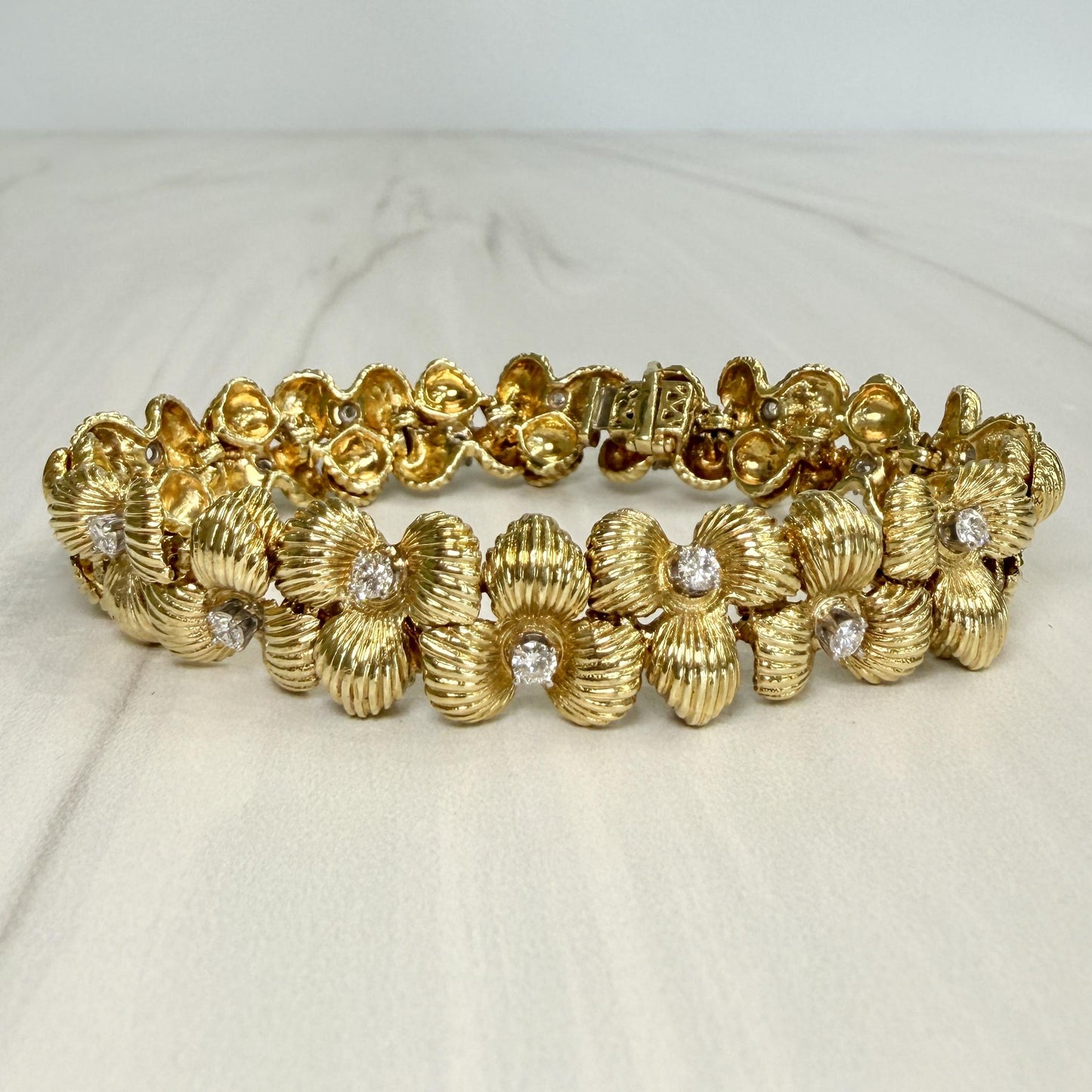 Vintage 1970's Flower Diamond Bracelet 18k Yellow Gold
