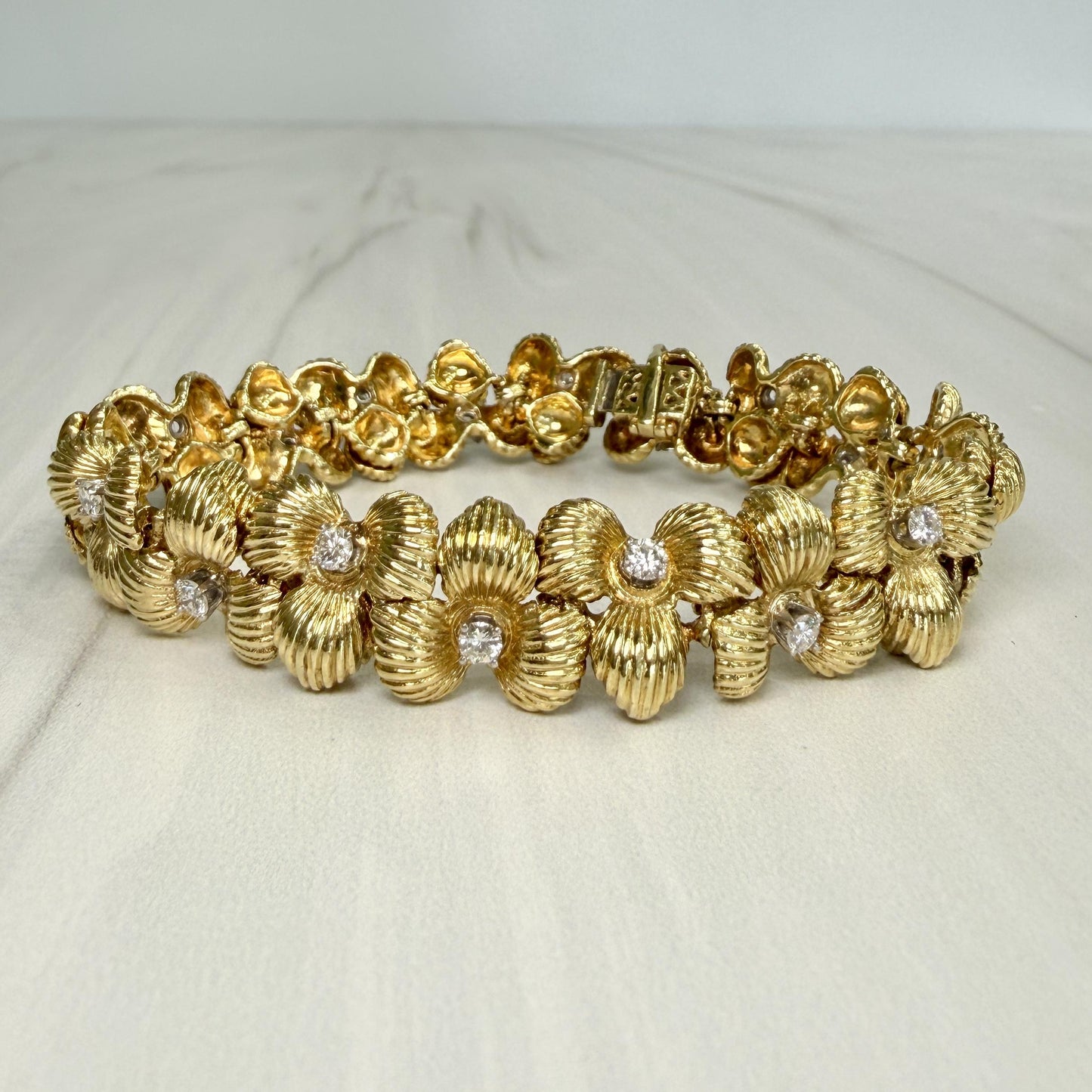 Vintage 1970's Flower Diamond Bracelet 18k Yellow Gold