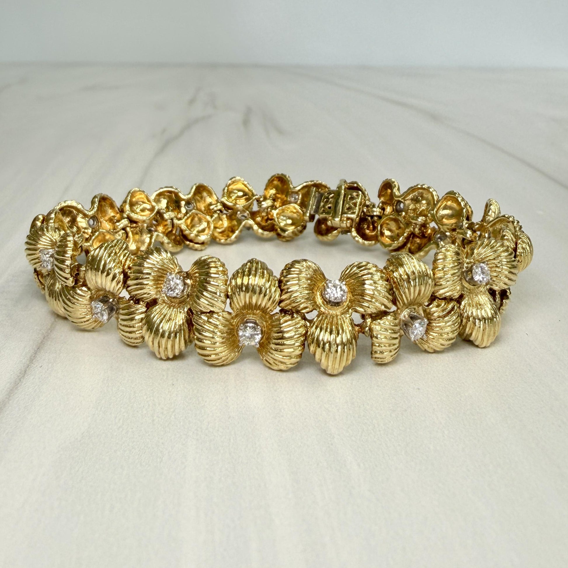 Vintage 1970's Flower Diamond Bracelet 18k Yellow Gold
