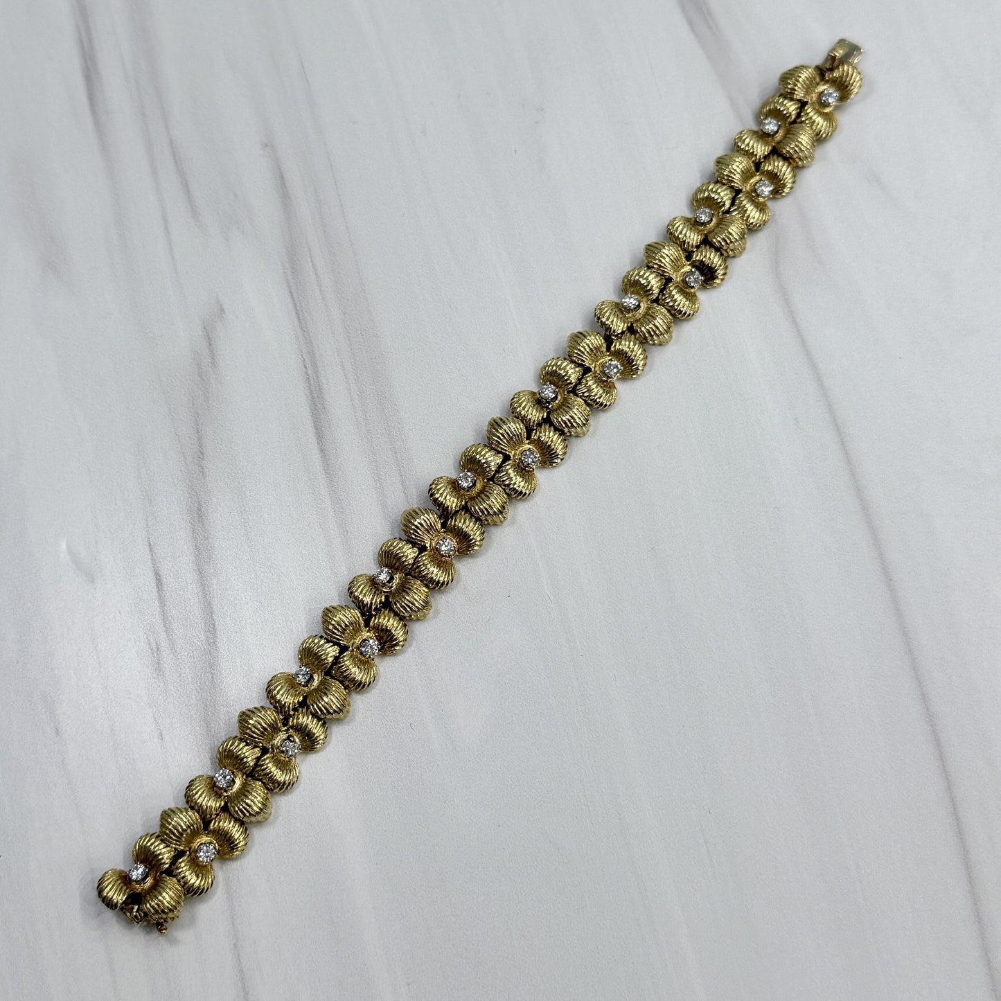 Vintage 1970's Flower Diamond Bracelet 18k Yellow Gold