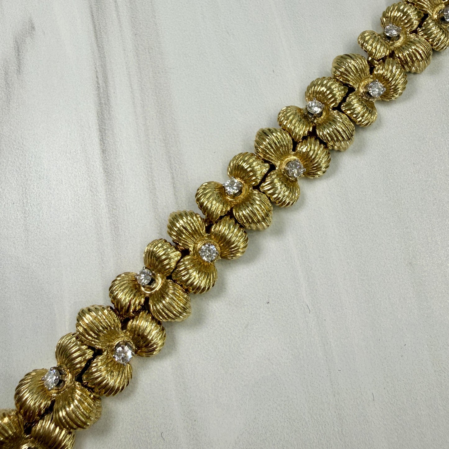 Vintage 1970's Flower Diamond Bracelet 18k Yellow Gold