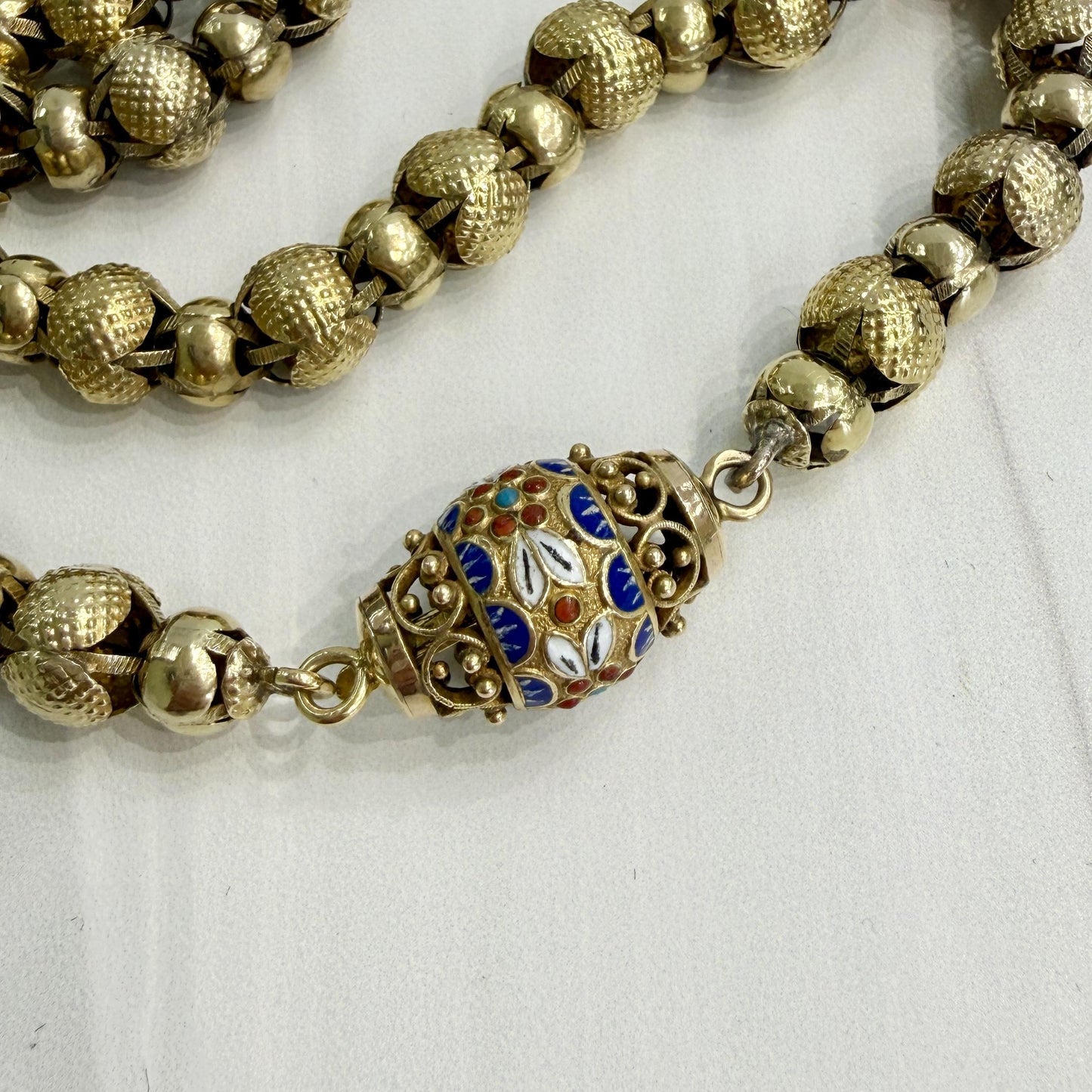 Antique 1890's Victorian Enamel Clasp Long Necklace 14k-17k Yellow Gold