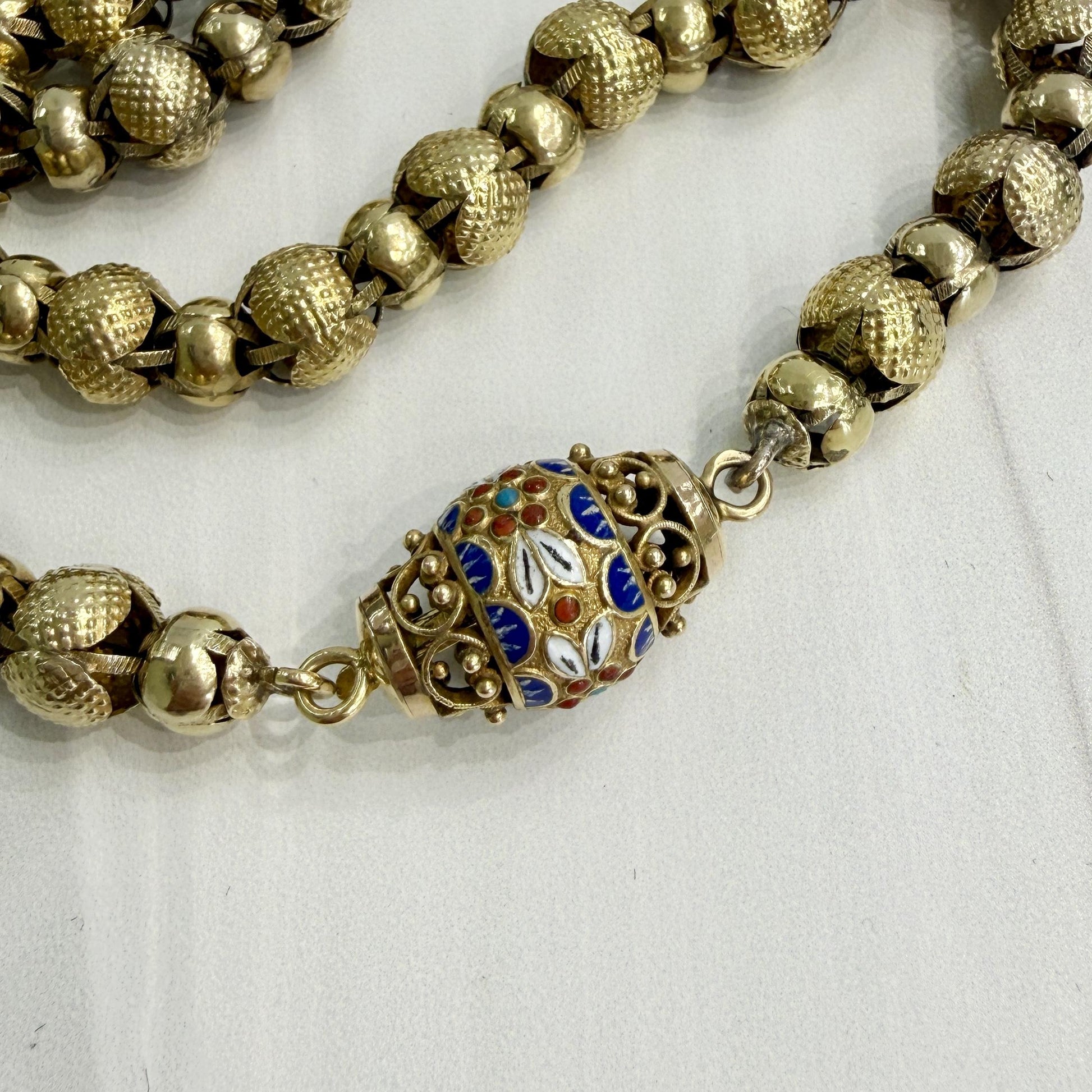 Antique 1890's Victorian Enamel Clasp Long Necklace 14k-17k Yellow Gold