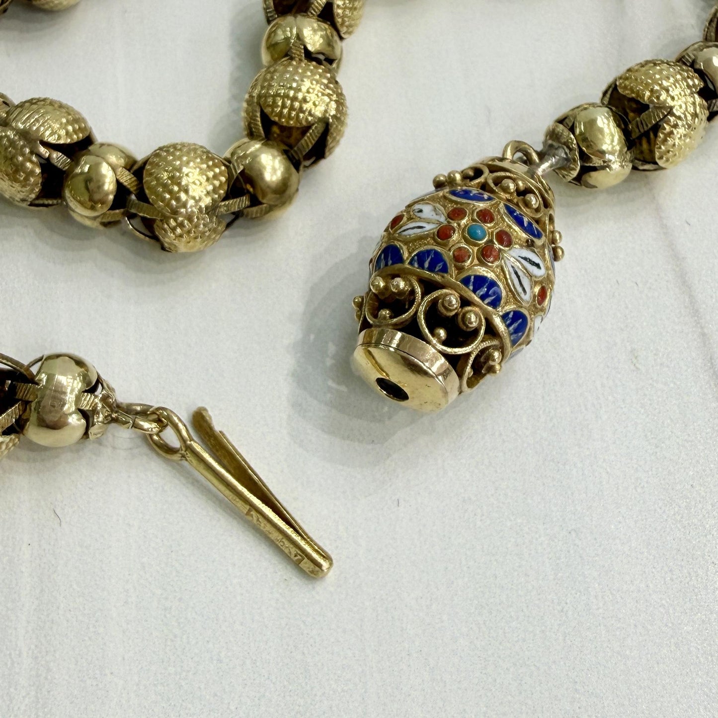 Antique 1890's Victorian Enamel Clasp Long Necklace 14k-17k Yellow Gold