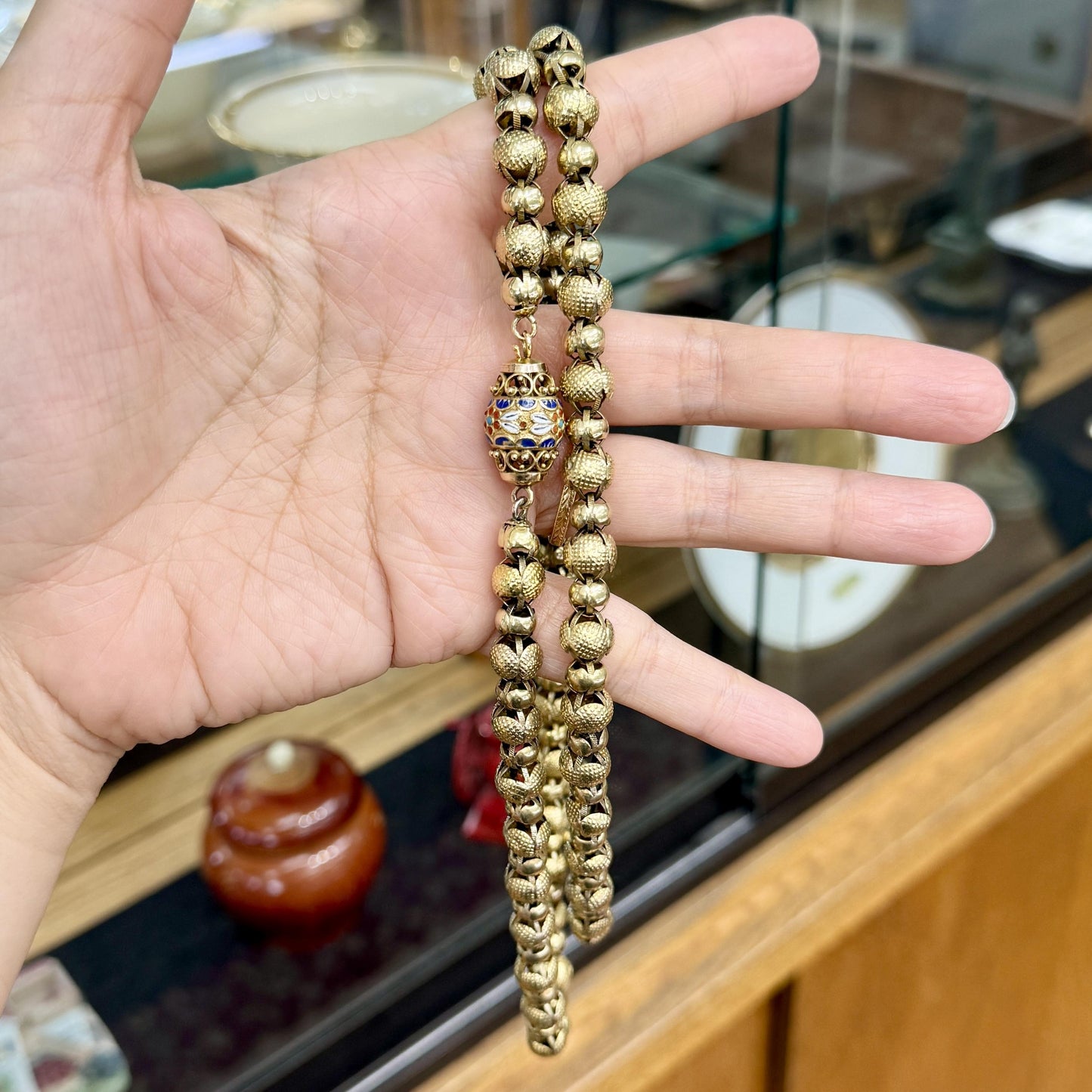 Antique 1890's Victorian Enamel Clasp Long Necklace 14k-17k Yellow Gold