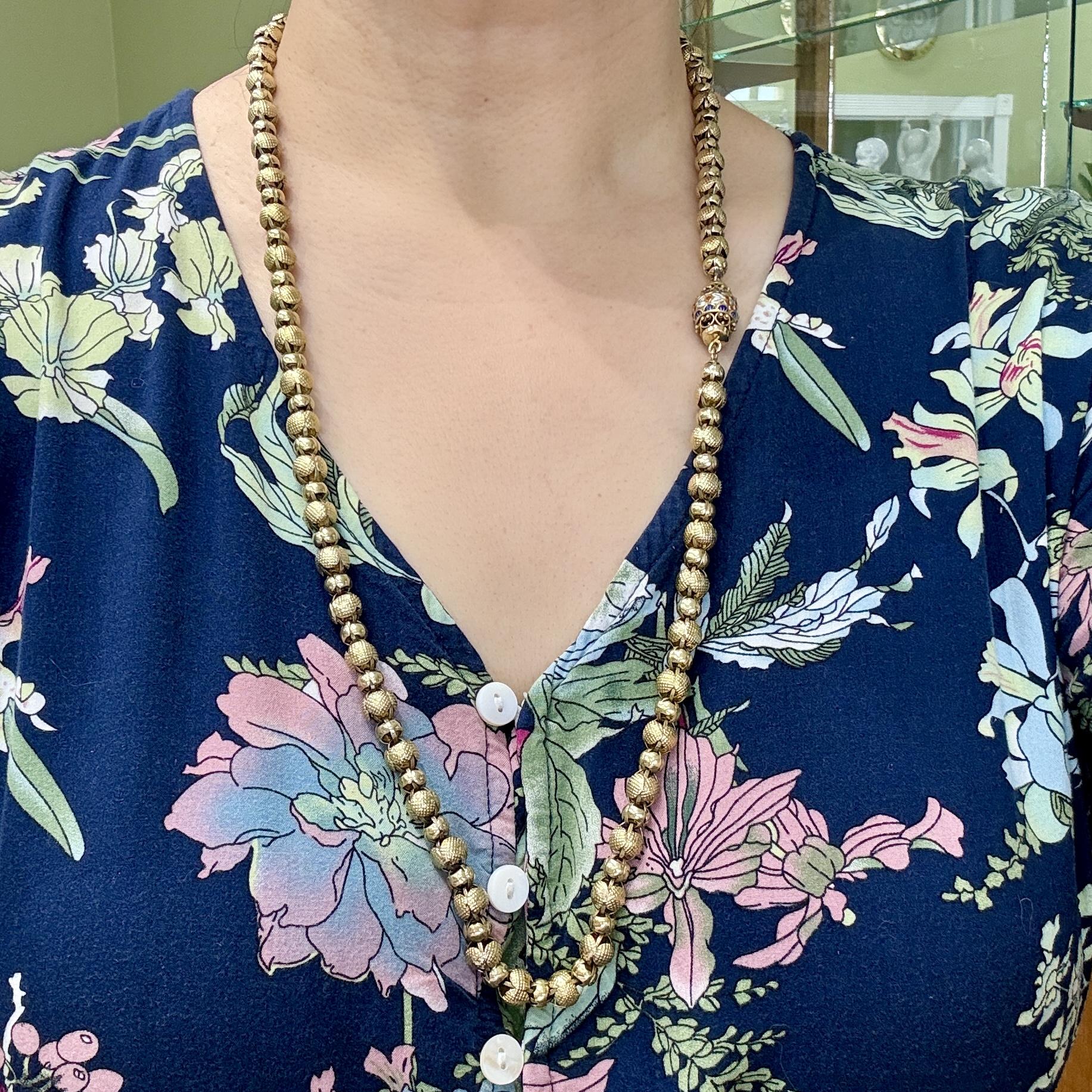 Antique 1890's Victorian Enamel Clasp Long Necklace 14k-17k Yellow Gold