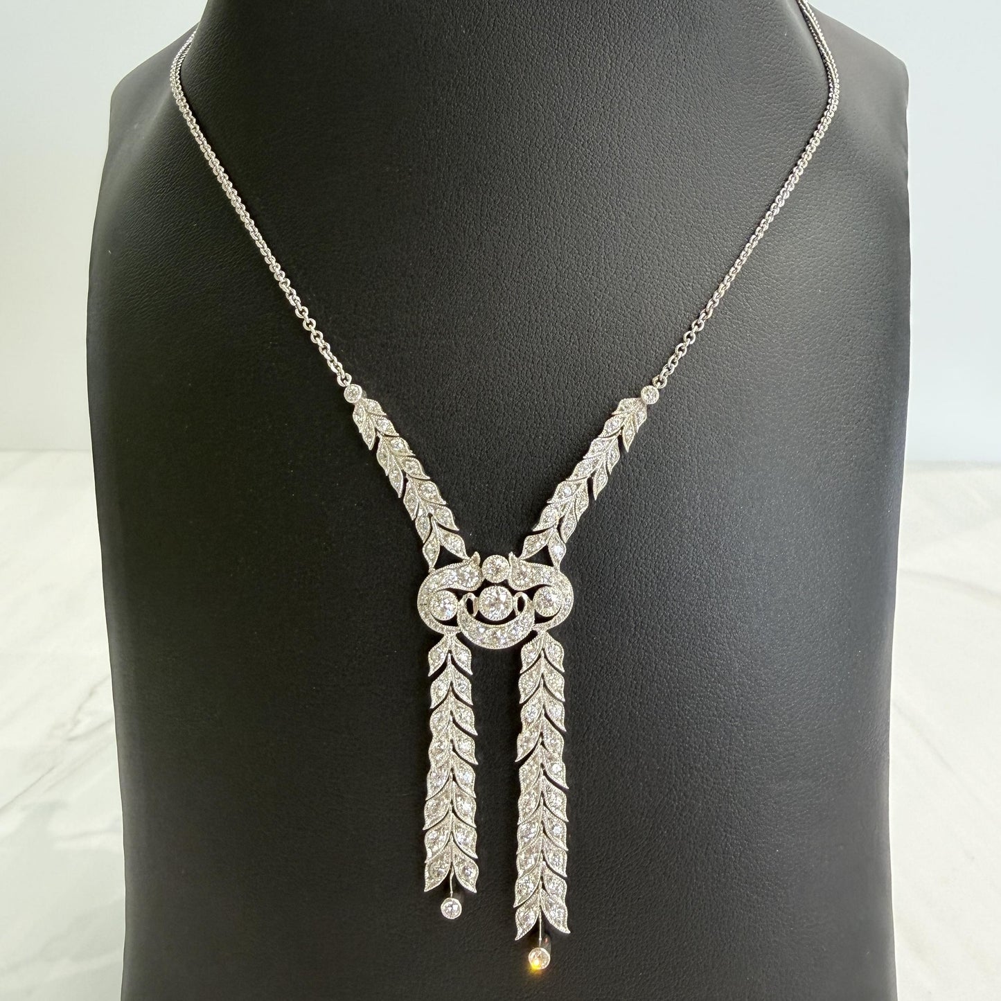 Antique 1910 Edwardian Old Cut Diamond Drop Necklace Platinum