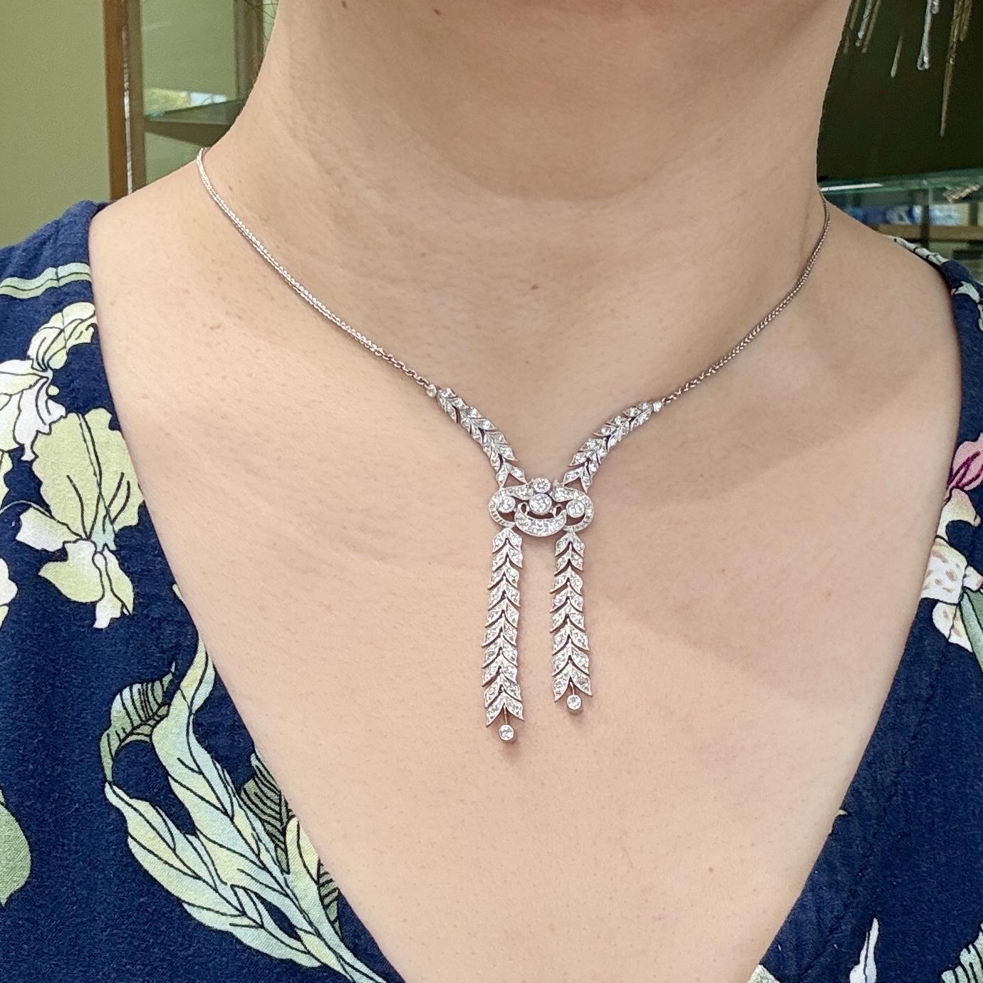 Antique 1910 Edwardian Old Cut Diamond Drop Necklace Platinum