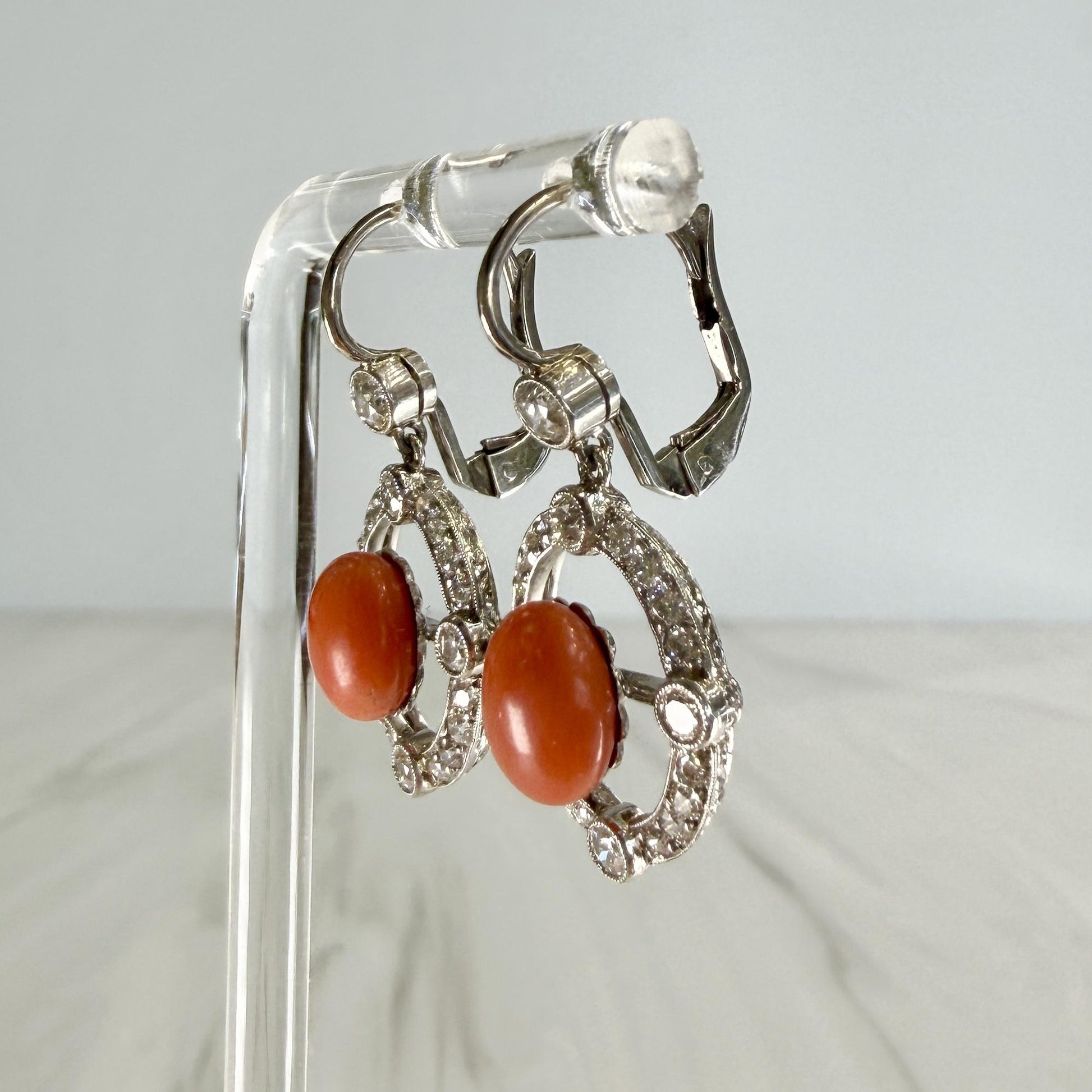 Antique 1925 Art Deco Coral and Old European Diamond Earrings Plat/14k