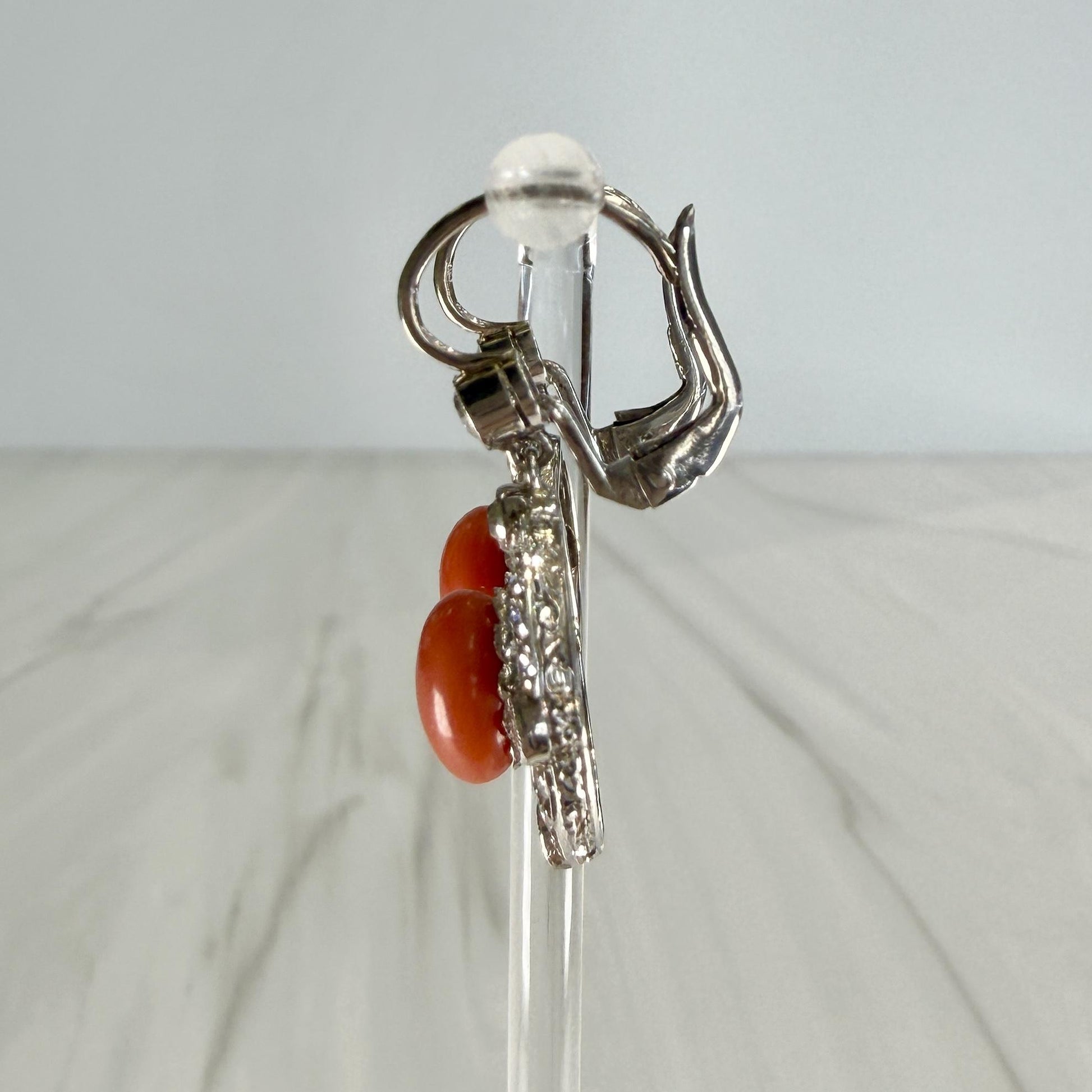 Antique 1925 Art Deco Coral and Old European Diamond Earrings Plat/14k